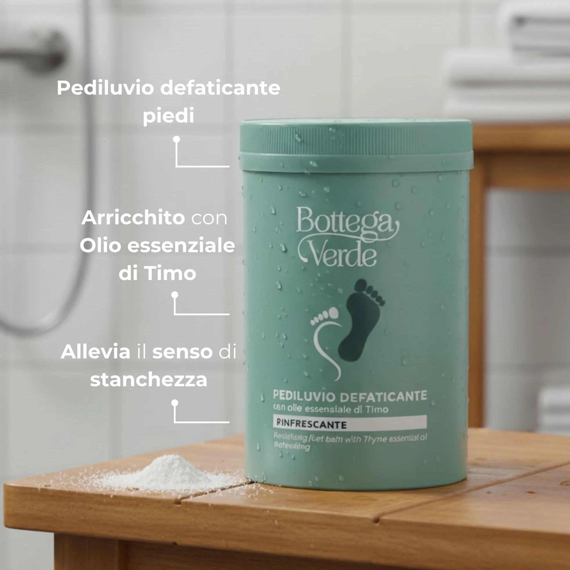 Bottega Verde - Pediluvio Defaticante, 250 g, con Olio Essenziale di Timo, Sali Rinfrescanti, Rilassanti e Rigeneranti per Piedi e Gambe