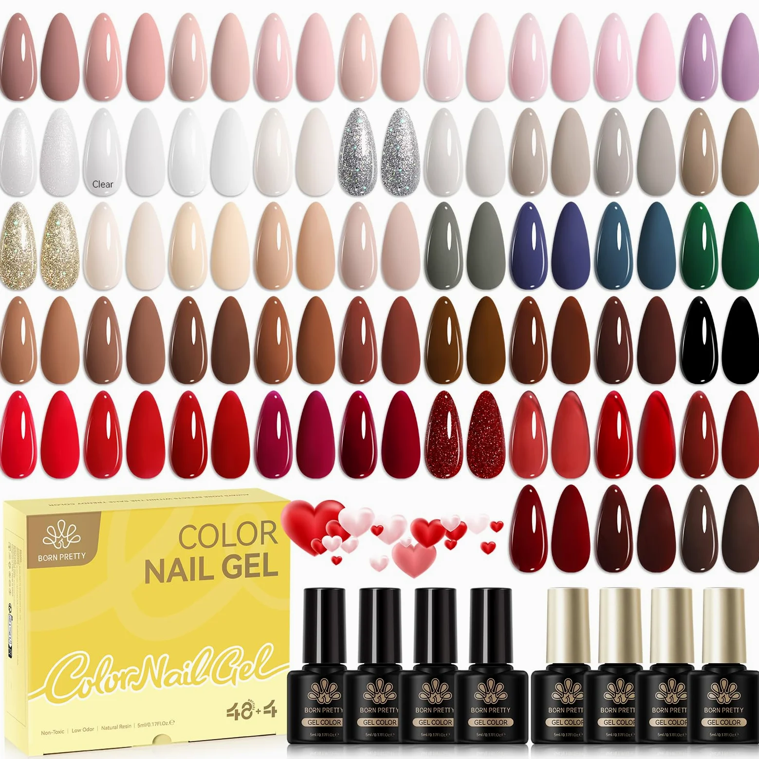 Born Pretty Set di smalti UV in gel, 52 pezzi, colore nude, rosa, rosso glitterato | Unghie in gel con base, top coat e top coat opaco, soak-off, mini UV LED, regalo