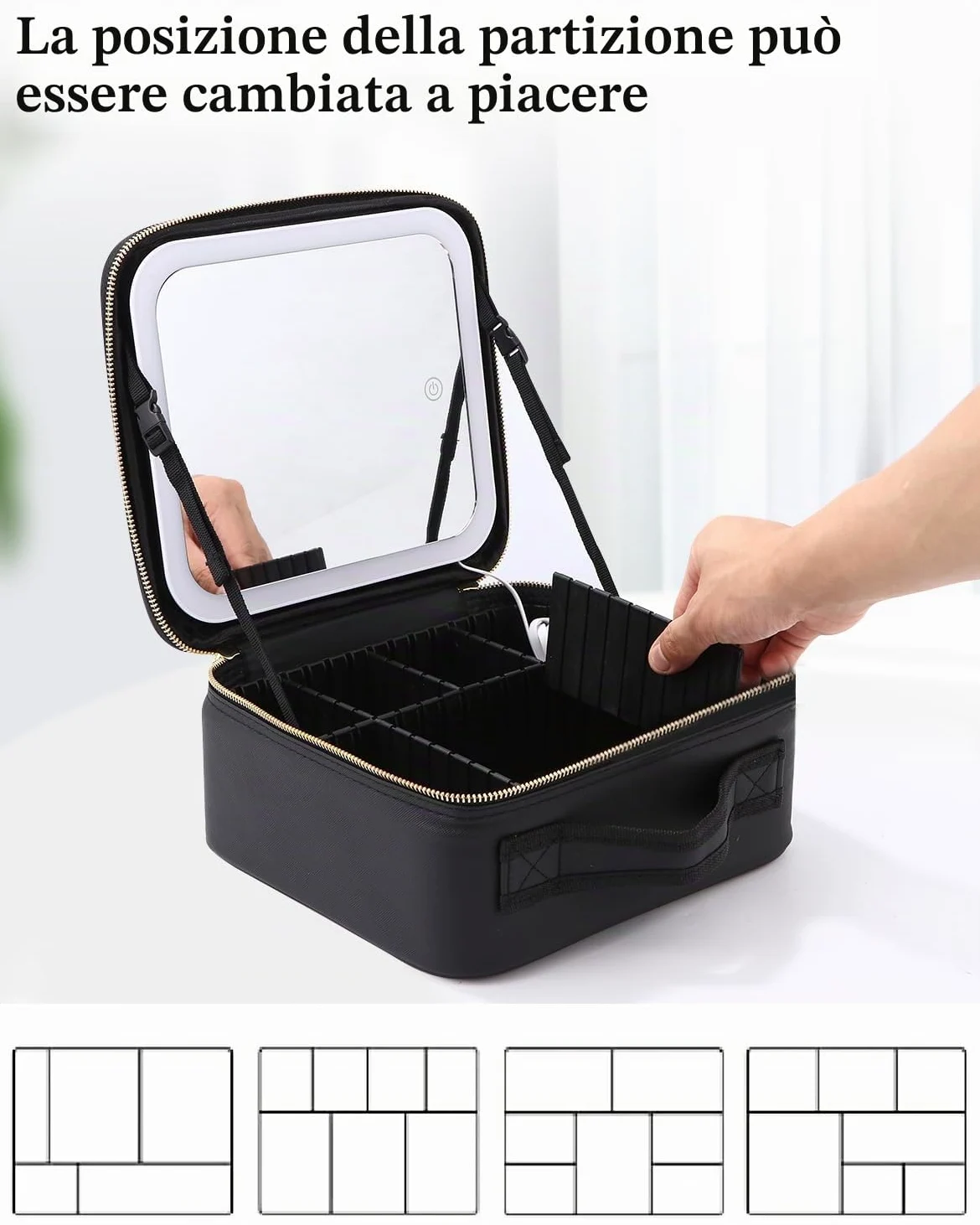 Borsa Cosmetici Con Specchio Led,Valigetta Trucco Portatile con Divisori Regolabili,Porta Trucchi Con Specchio Con 3 Modalità Illuminazione,Cosmetico Impermeabile Strumenti Trucco Accessori per Donna