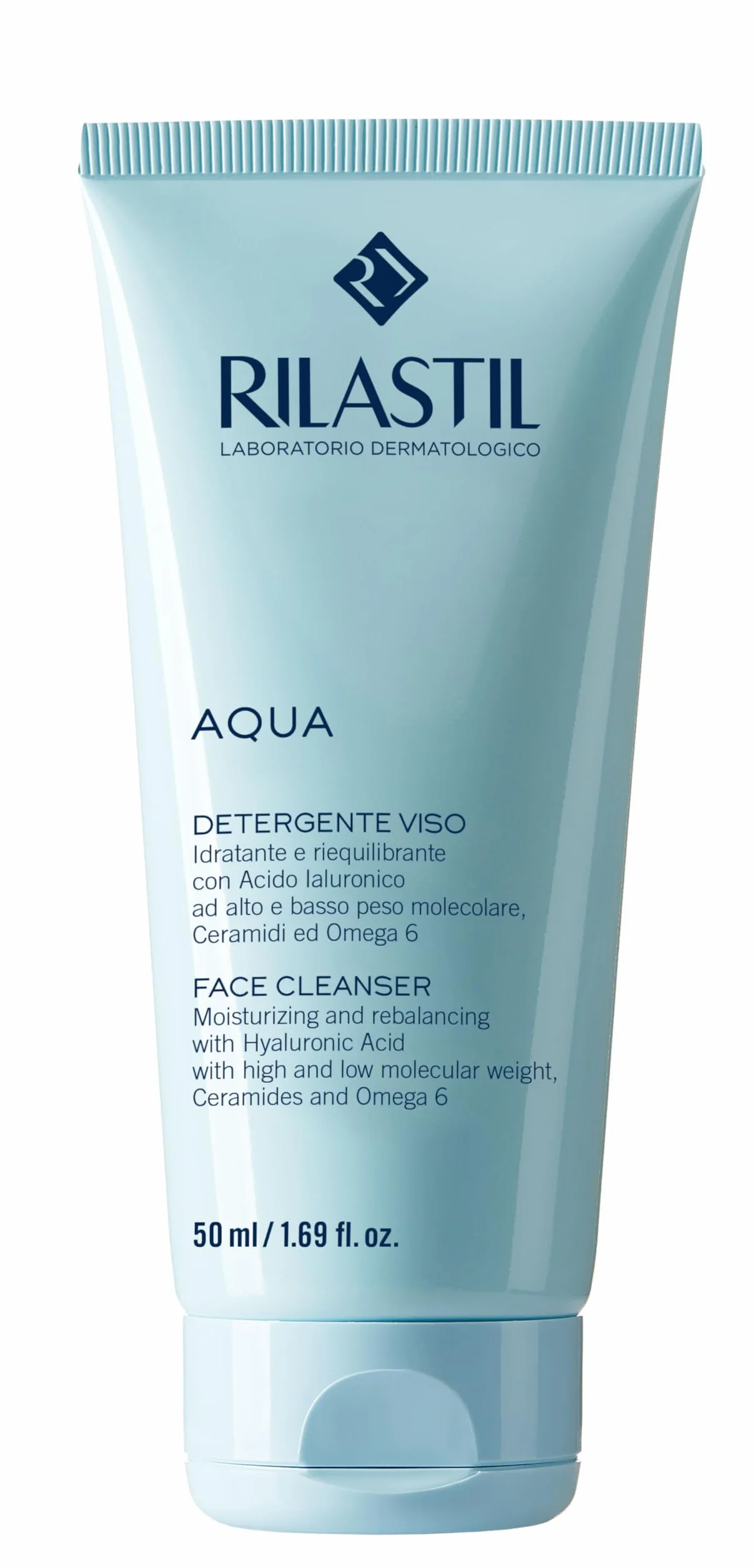 Rilastil Aqua Detergente Viso con Acido Ialuronico, Idratante e Riequilibrante, Adatto a Tutti i Tipi di Pelle, Confezione da 50 ml