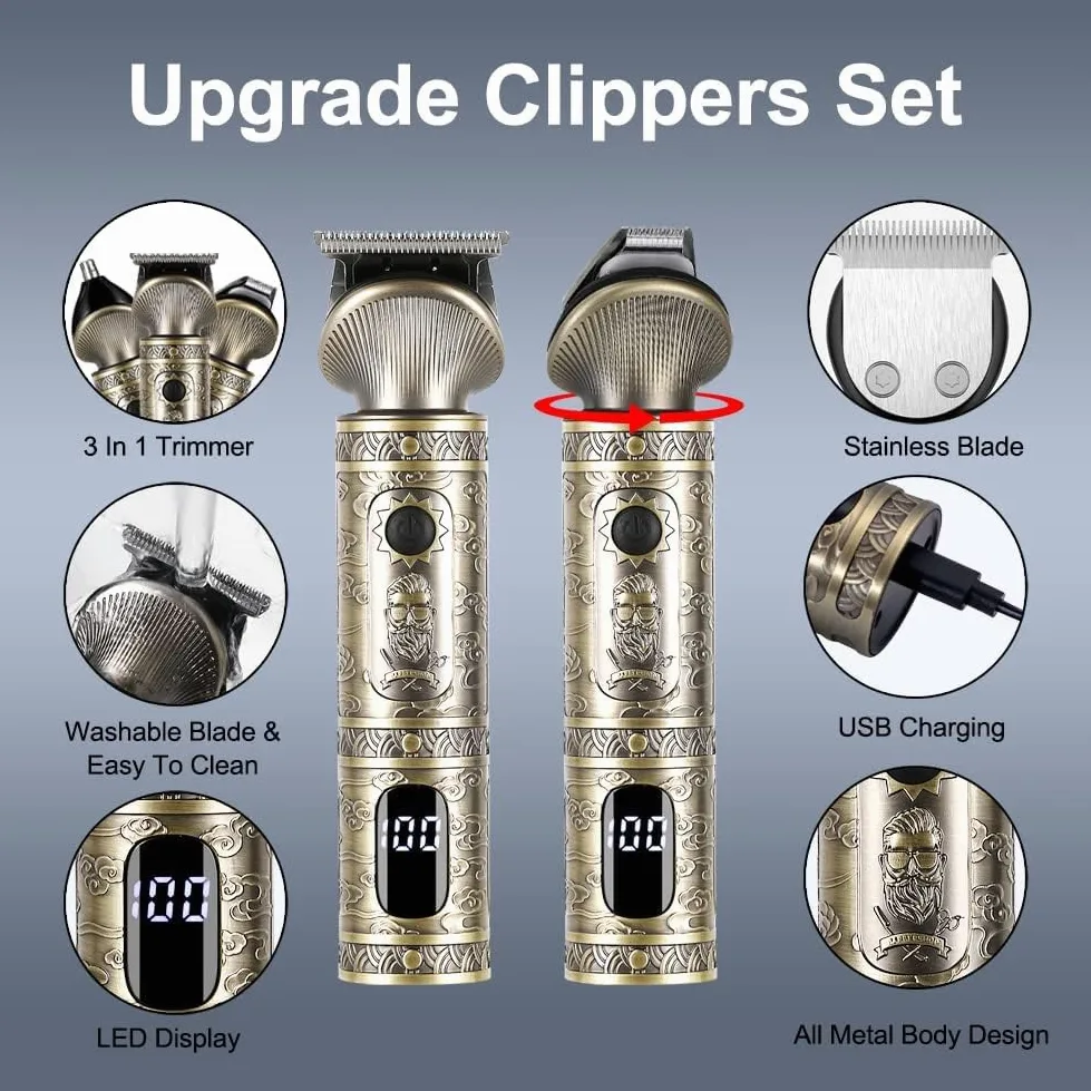 Hatteker Professional Hair Clipper e T-Blade Trimmer Set Per Gli Uomini Cordless Ricaricabile Barber Clipper Beard Nose Hair Trimmer Multipurpose Grooming Kit Display LED (Oro)