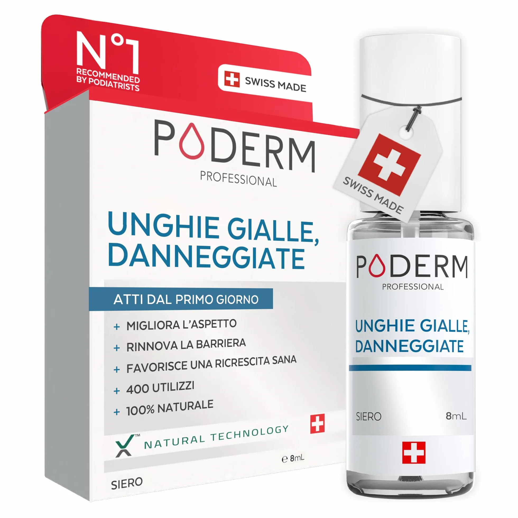 PODERM Unghie Gialle e Danneggiate Schiarisce Liscia Nutre Ingredienti Naturali Cura Mani Piedi Swiss Made