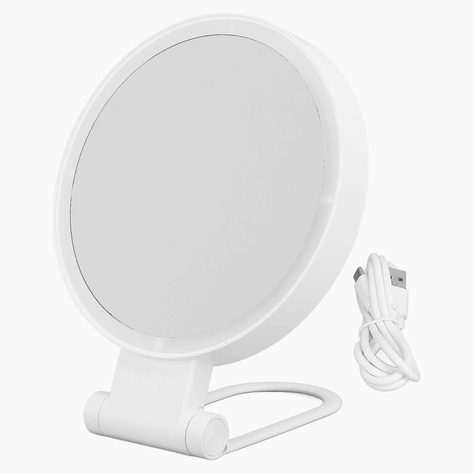 Fabater Specchio Ingranditore Bifacciale 1X 5X con Luce LED Tavolo Specchio Cosmetico Maniglia Pieghevole Viaggio Portatile Bianco, Touch Control Illuminazione a Tre Colori USB