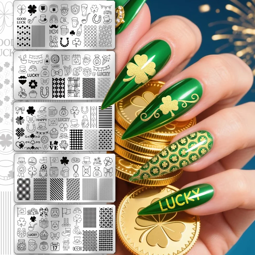PH PandaHall 5 piastre per stamping per unghie di San Patrizio Lucky Shamrock Nails modelli artistici arcobaleno gnomo unghie immagine timbro trifoglio cappello unghie stencil arte per stampa fai da