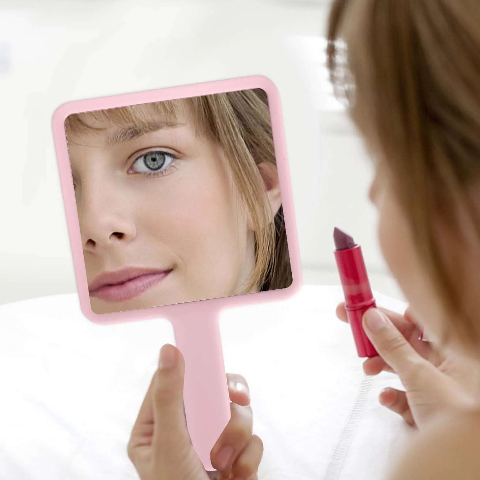 Naapesi Specchio a Mano,Specchio Trucco Portatile con Manico,Specchio Cosmetico Quadrato,Specchietto Dentista,Specchio Barbiere con Comoda Maniglia,Perfetto per Radersi o Applicare il Trucco (Rosa)