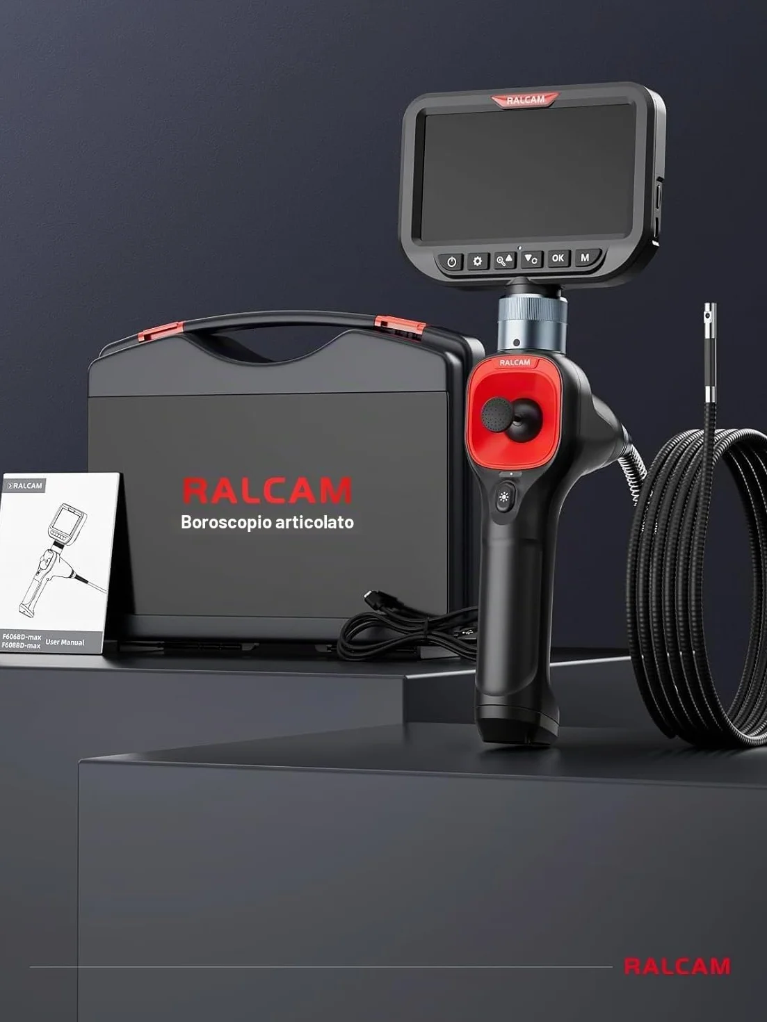 Ralcam Telecamera Endoscopica 360° a Doppio Obiettivo, Schermo HD 5", Sonda 6,5 mm, Impermeabile IP67, 6+1 LED, Cavo 1,5 m