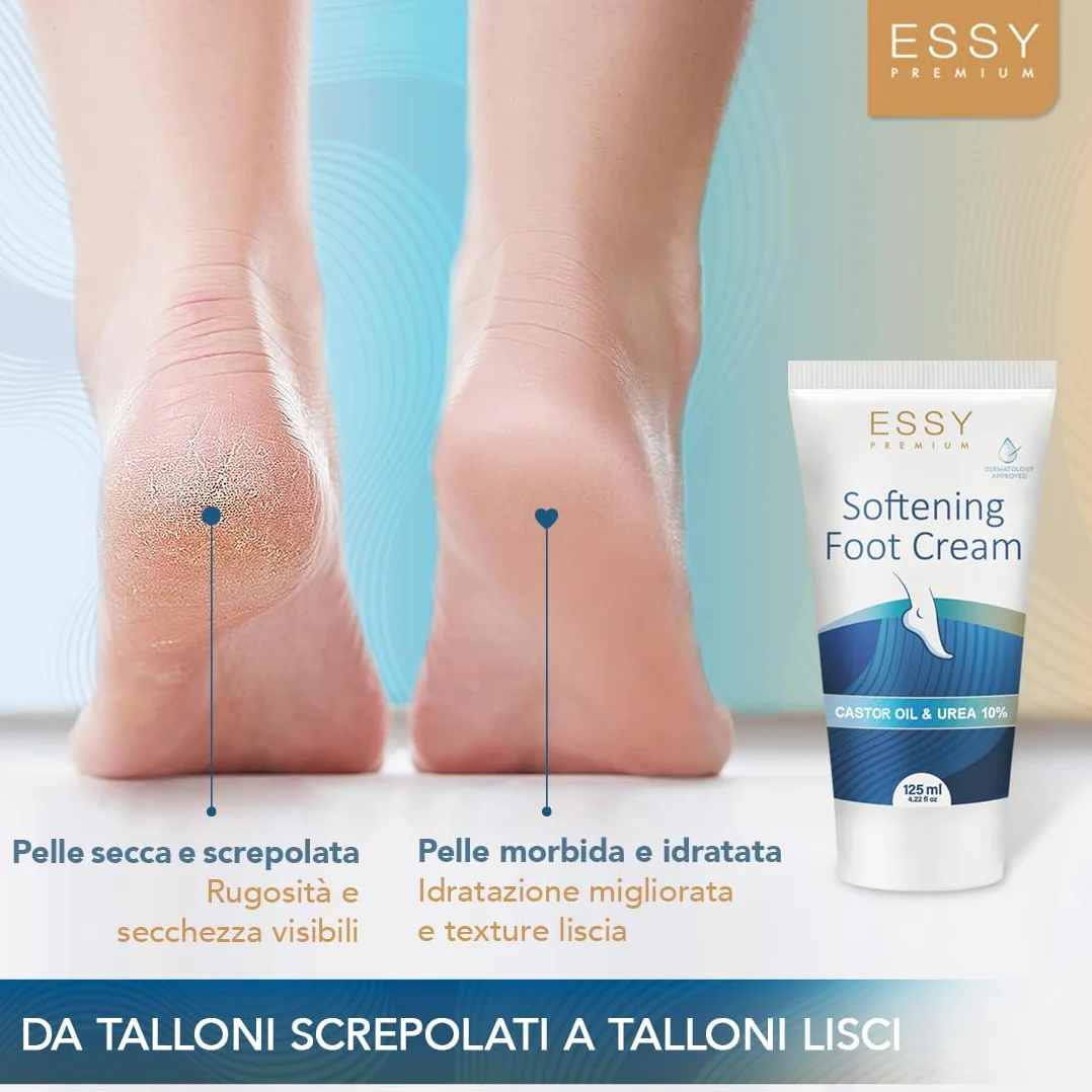 Essy Crema Piede, Crema Piedi Secchi Screpolati con Urea 10%, Idratante con Olio di Ricino per Piedi Ruvidi, Riparatore Talloni Screpolati per Nutrire e Ripristinare la Morbidezza, 125 ml