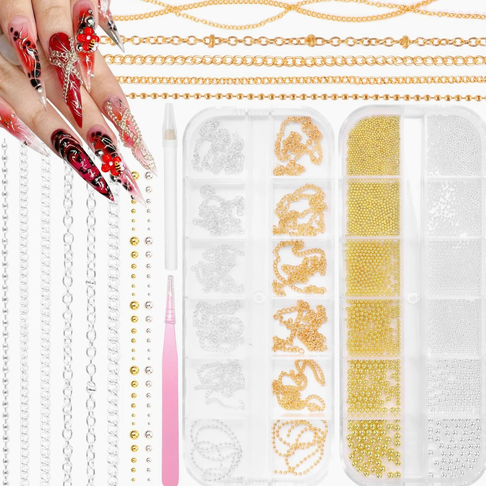 12 strisce di catene per nail art e perline in metallo per unghie (argento + oro) per nail art acrilica, catene dorate, piccole gemme rotonde per manicure fai da te accessori