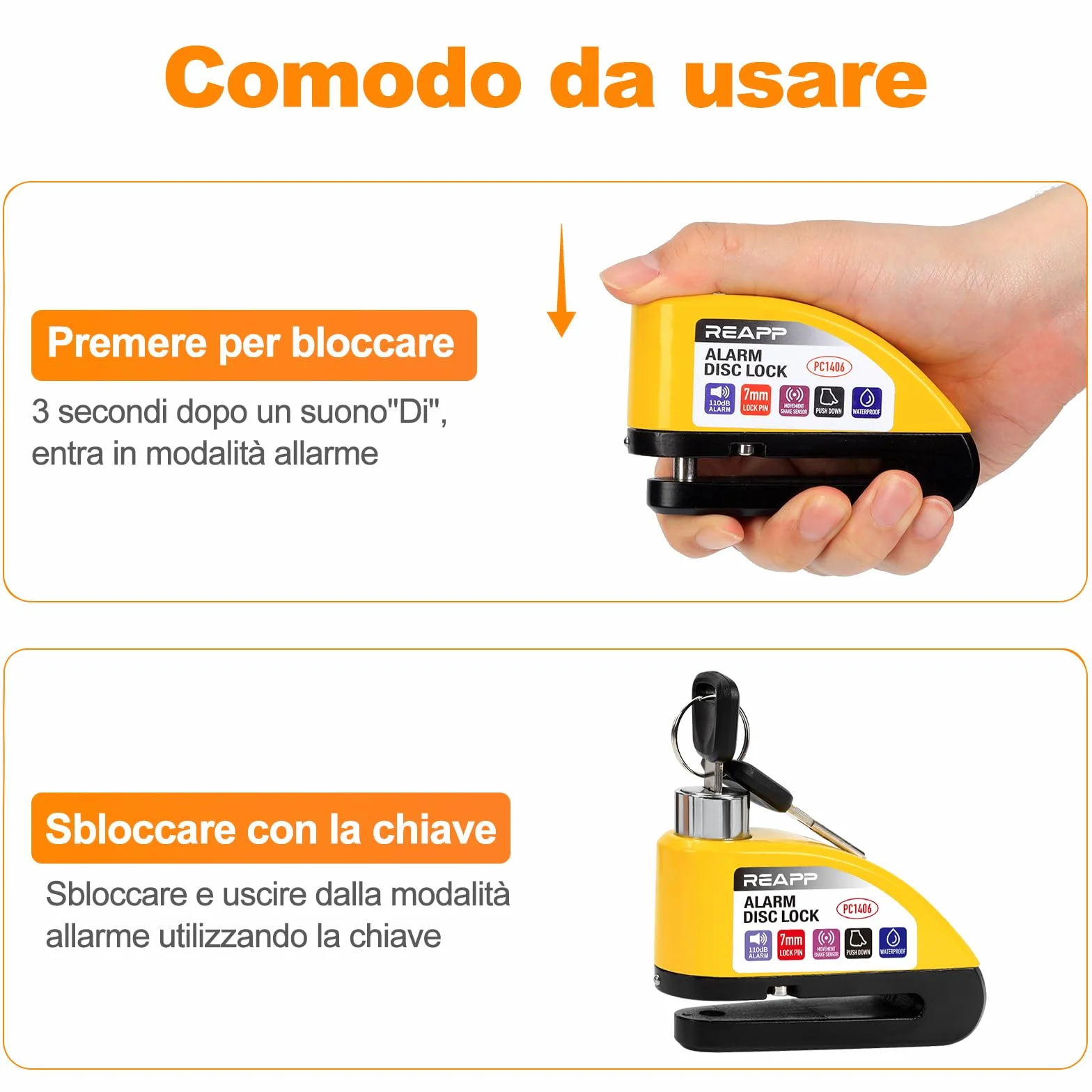 REAPP Lucchetto Moto Antifurto con Allarme Sonoro 110DB, Blocca Disco per Bici Motorino Moped Motocross, 2 Chiavi