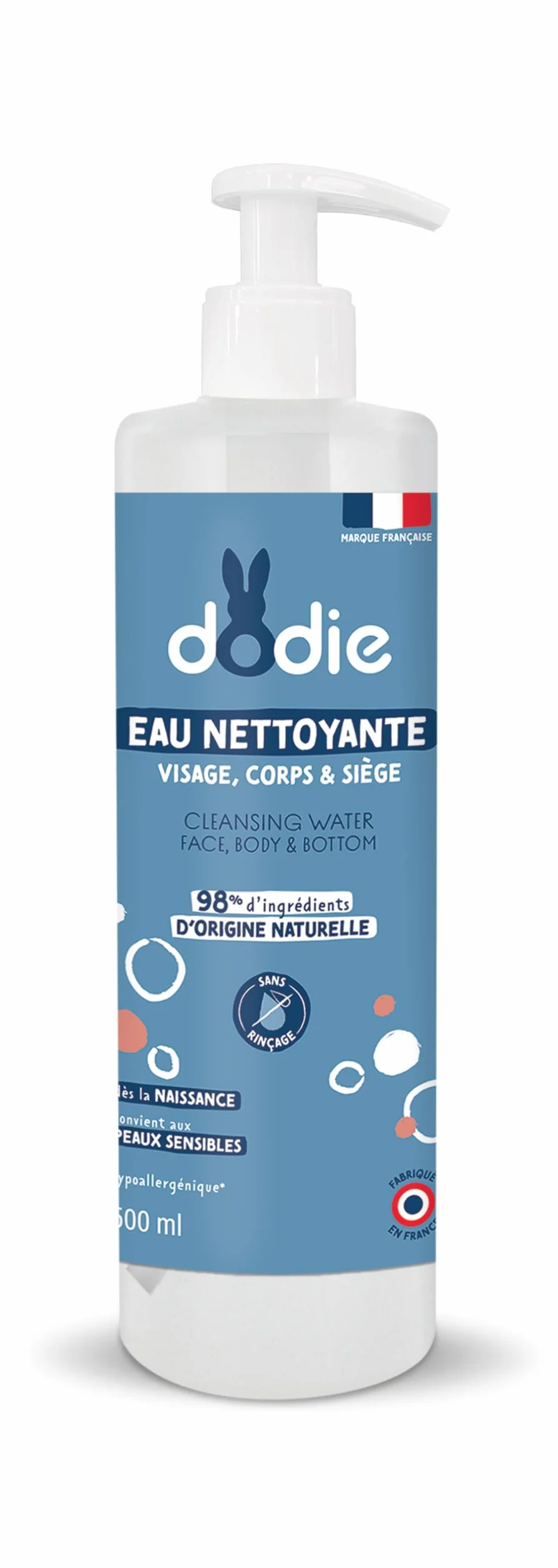 Dodie, Acqua Detergente 3 in 1 (500 Ml), Detergente Viso, Corpo e Zona Pannolino, 98% di Ingredienti di Origine Naturale, Ipoallergenico, dalla Nascita