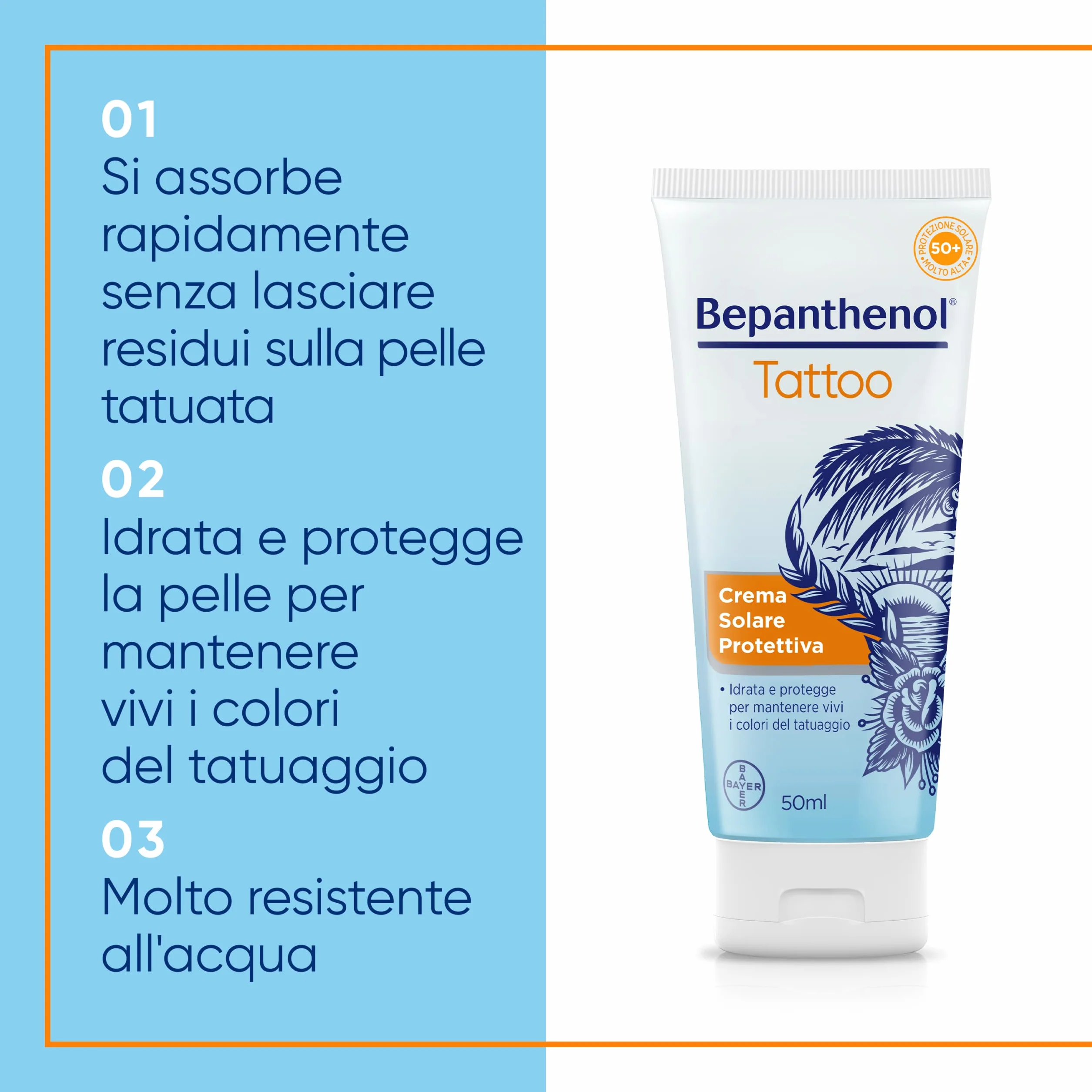 Bepanthenol Tattoo Crema Solare 50 Aftercare Protezione Solare UVB UVA 50 ml