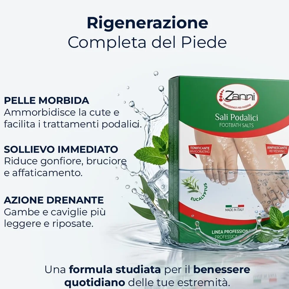 Zanni Sali Podalici, Sali per Pediluvio Rinfrescante e Tonificante con Mentolo, Timo ed Eucalipto, Sali da Bagno a Effetto Deodorante Piedi Stanchi, Sollievo e Riduzione Gonfiore, 100 g, Made in Italy