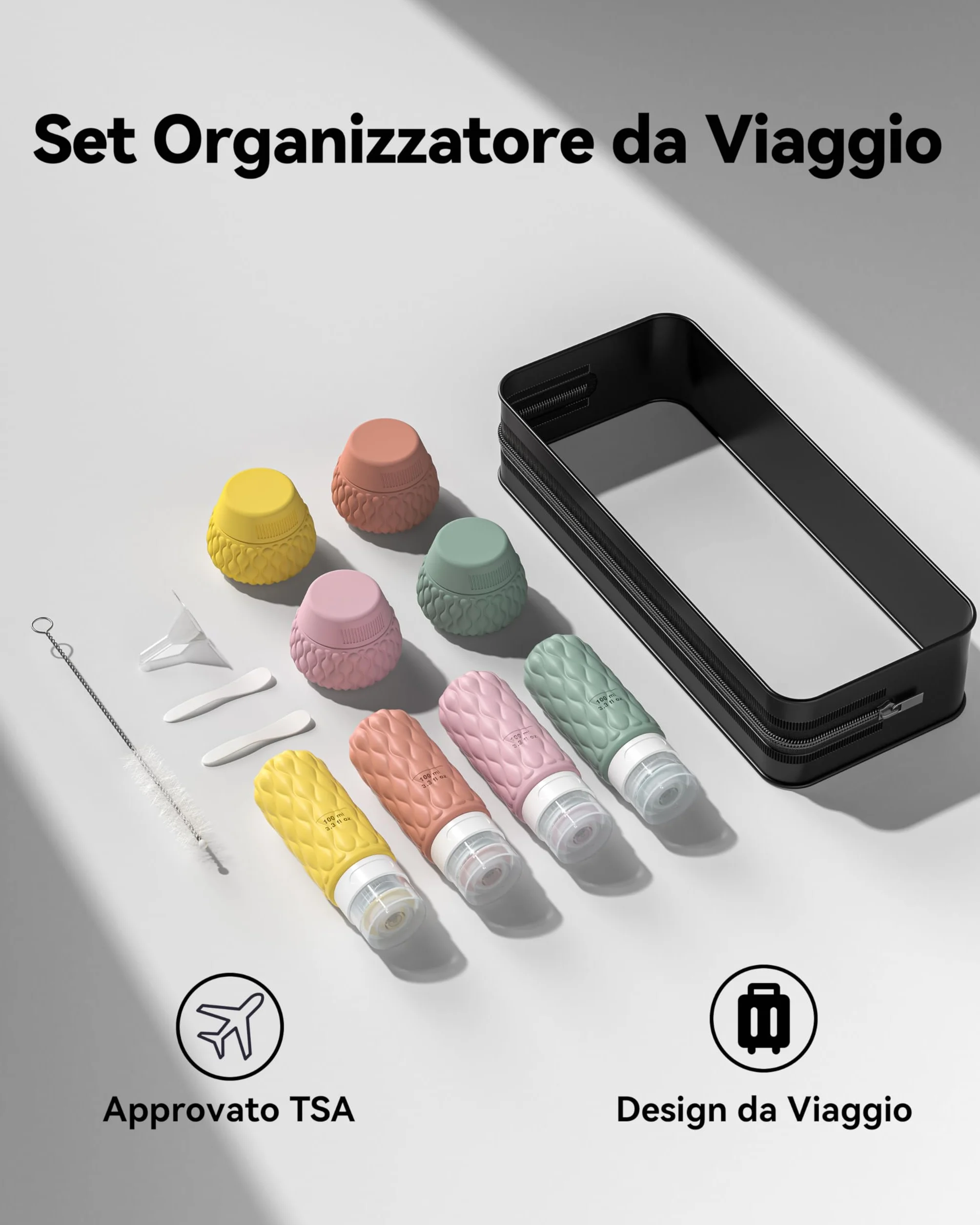 Lericttor Contenitori Viaggio Liquidi 100/50 ml, 8 Pezzi Bottiglie da Viaggio Aereo in Silicone, Set di Flaconi da Viaggio con Borsa da Toilette, Boccette da Viaggio per Shampoo, Lozione, Cosmetici