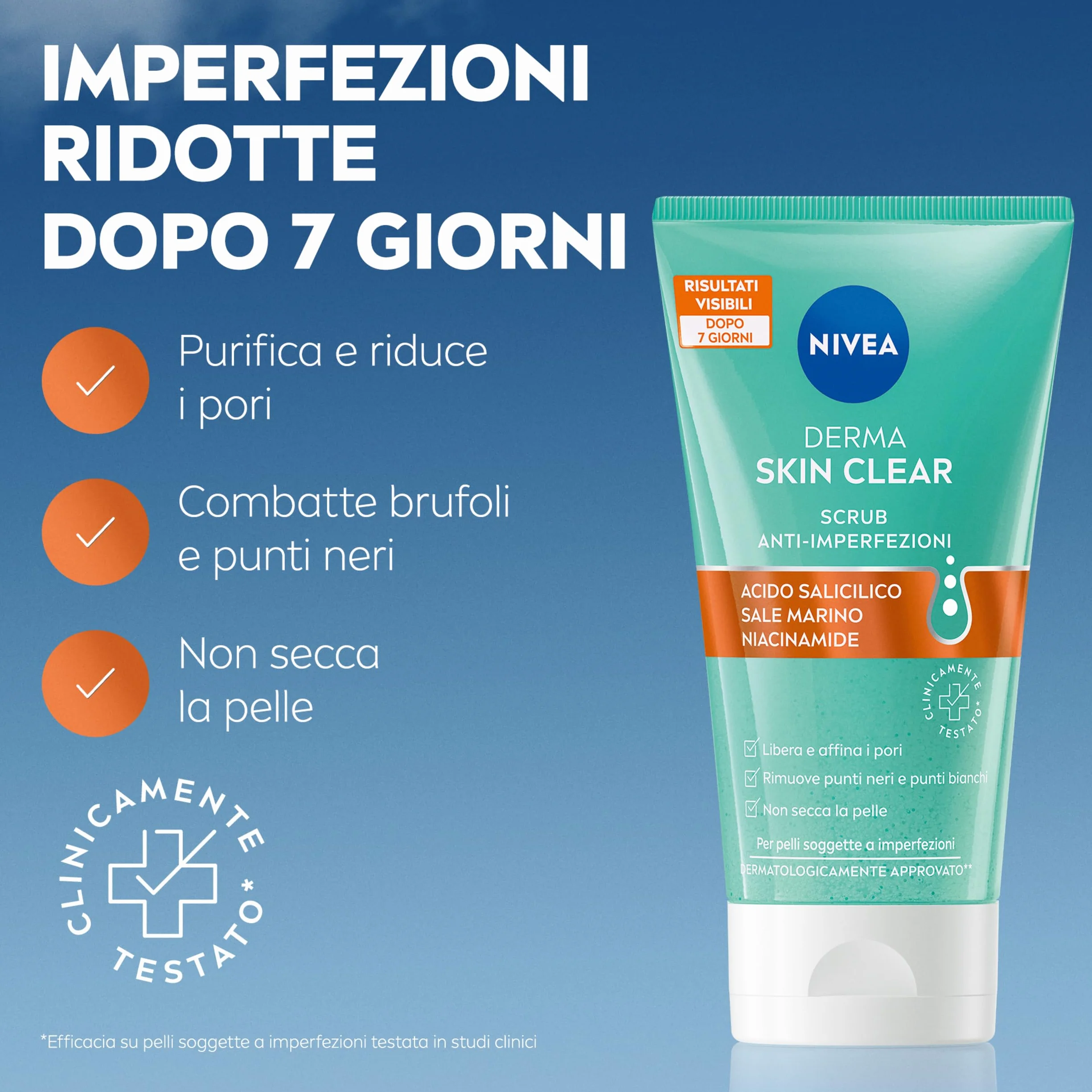 NIVEA Derma Skin Clear Scrub Viso Anti-Imperfezioni 150 ml, Scrub esfoliante per la cura della pelle grassa e mista con Acido Salicilico, Sale Marino e Niacinamide, Esfoliante viso e corpo purificante