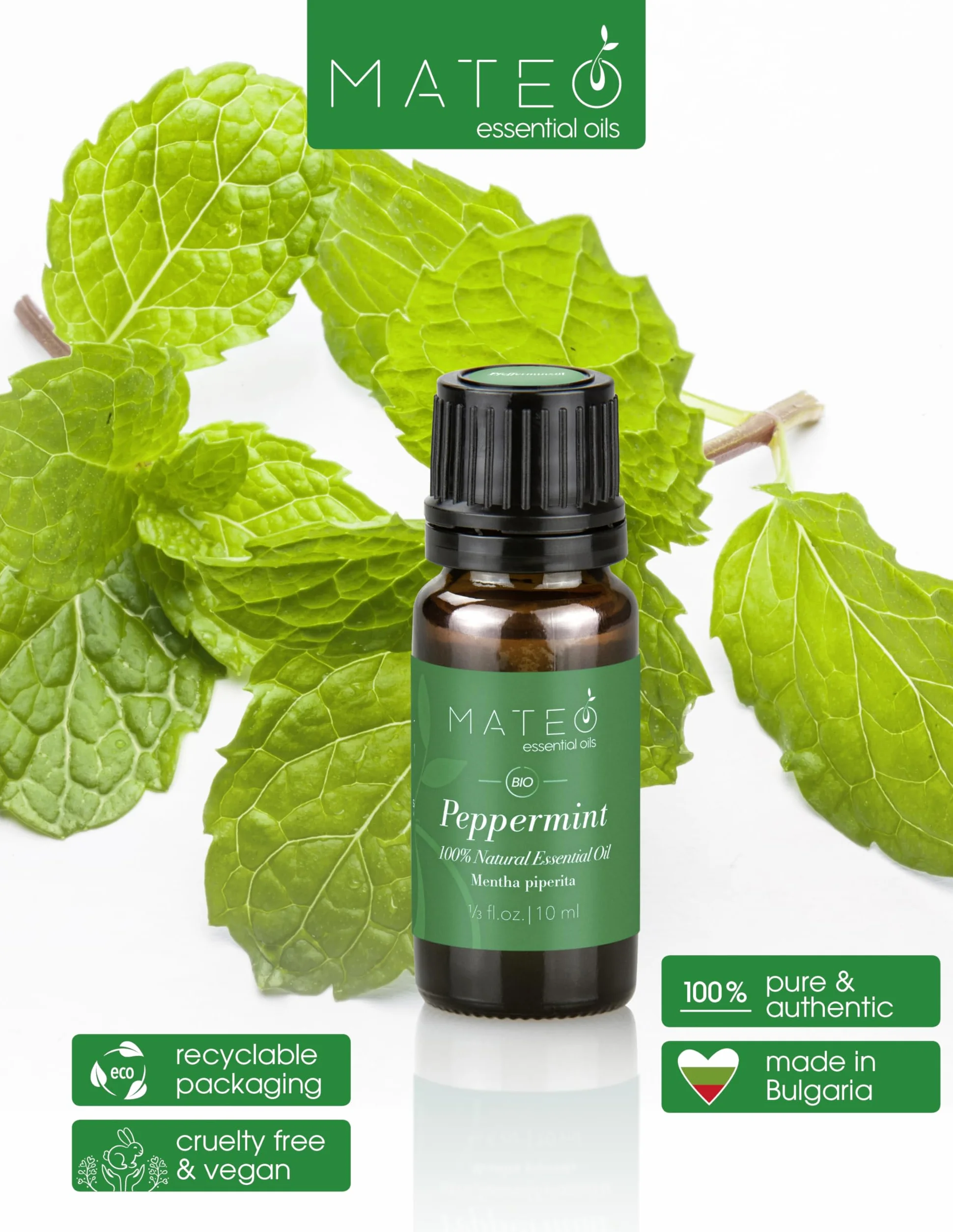 Olio Essenziale di Menta Piperita 100% Puro Naturale Qualità Terapeutica Aromaterapia 10 ml