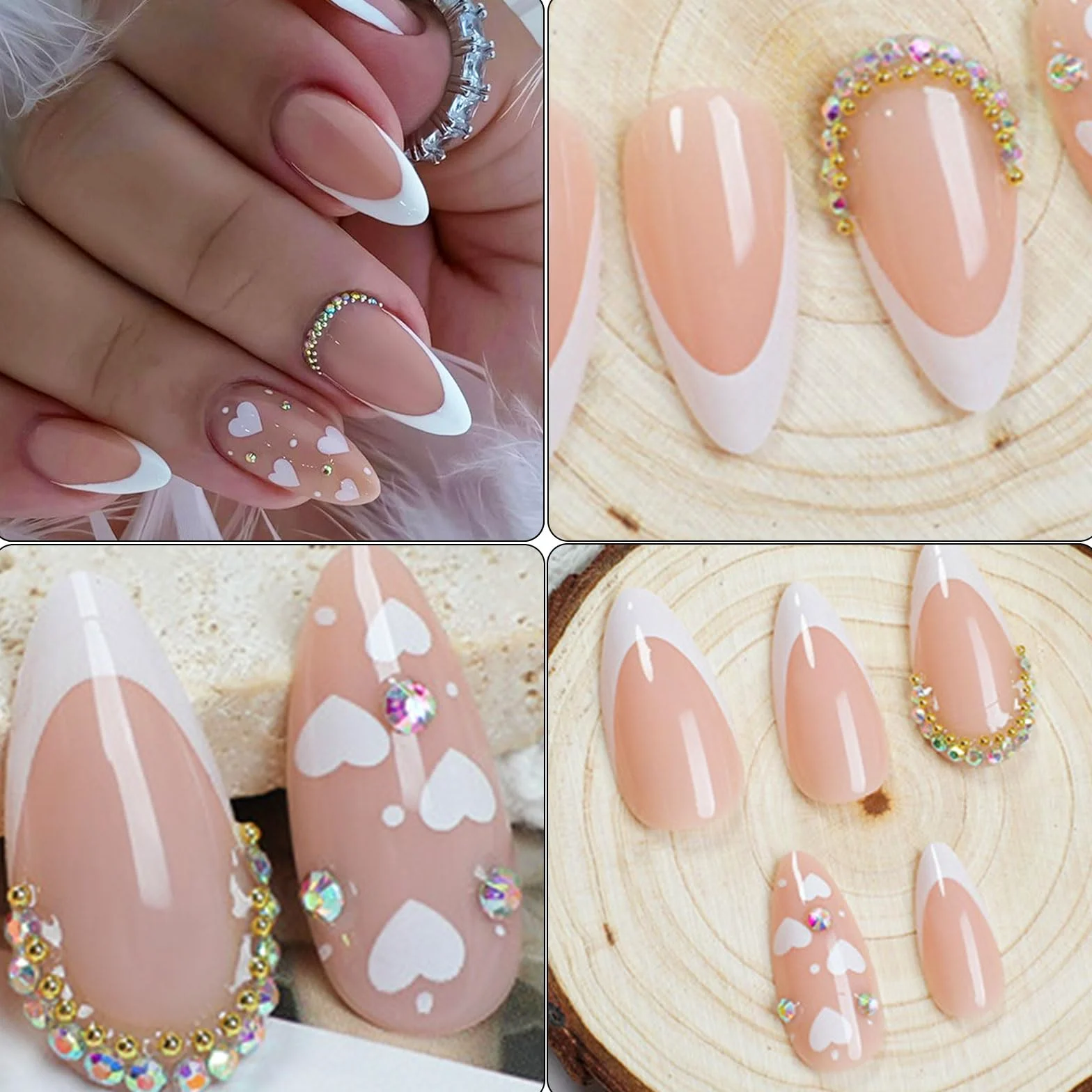 24 unghie artificiali corte a mandorla lucida a forma di cuore, con punta francese, accessori per manicure per ogni occasione