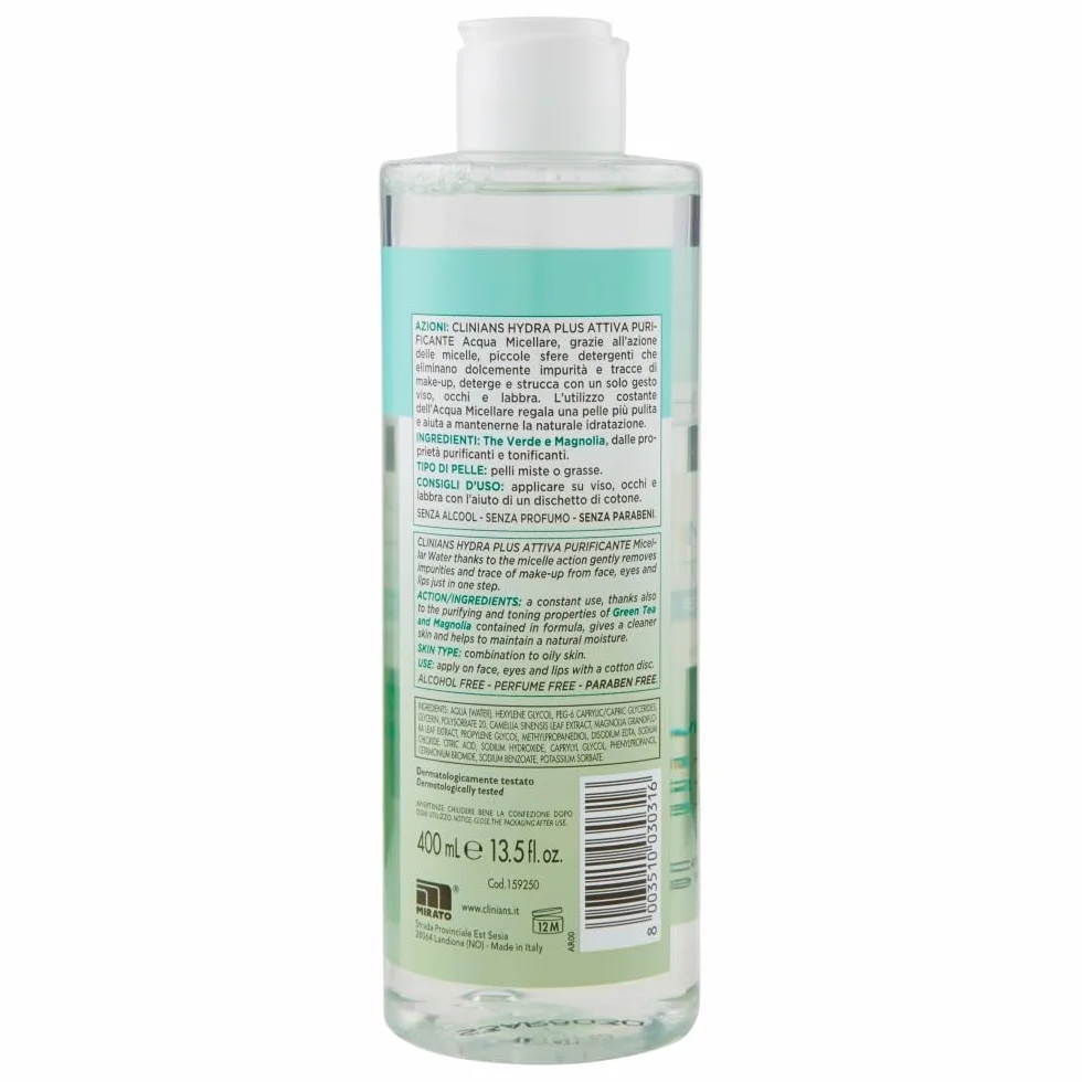 CLINIANS Acqua Micellare Rimozione Trucco Purificante Hydra Plus Active 400 ml