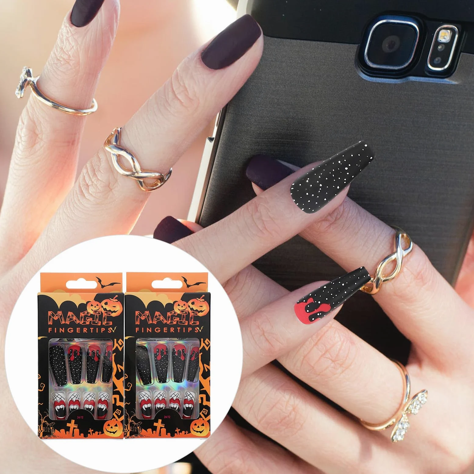 Mobestech 384 Pezzi Unghie Finte Lunghe per Halloween in Plastica Ultra Sottili Lunga Durata, Adesive la Vita Quotidiana e Decorazioni Nail Art