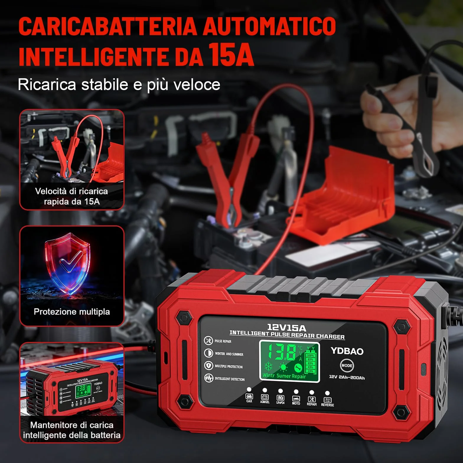 Caricabatteria per Auto 12V 15A Intelligente Automatico con Display LCD Compensazione Temperatura per Moto Auto Batteria AGM Barche