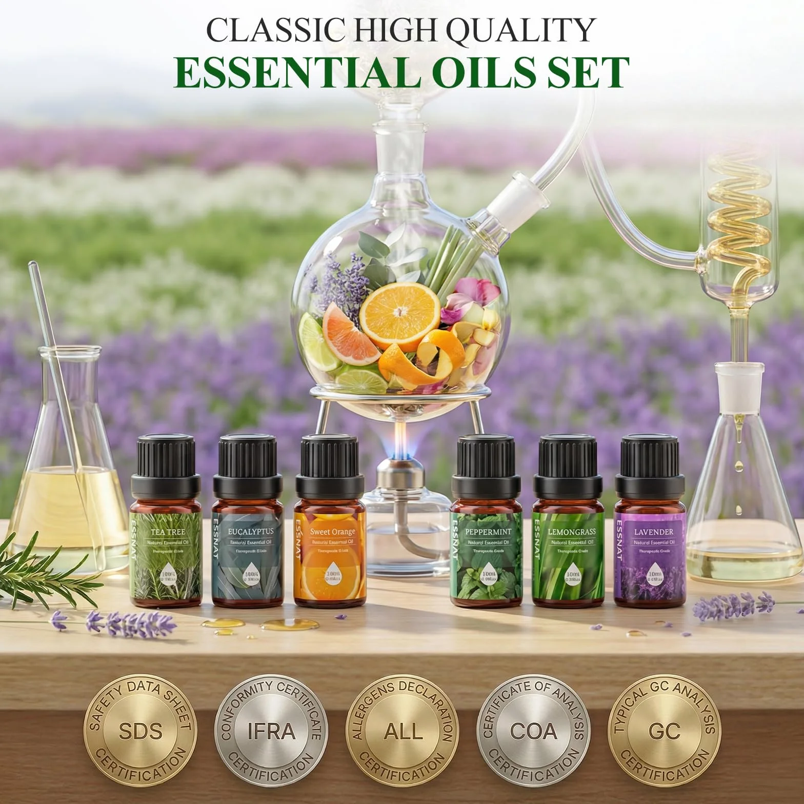 Oli Essenziali Set per Diffusore 6x10ML Aromaterapia Lavanda Menta Piperita Eucalipto Arancia Dolce Tea Tree Lemongrass