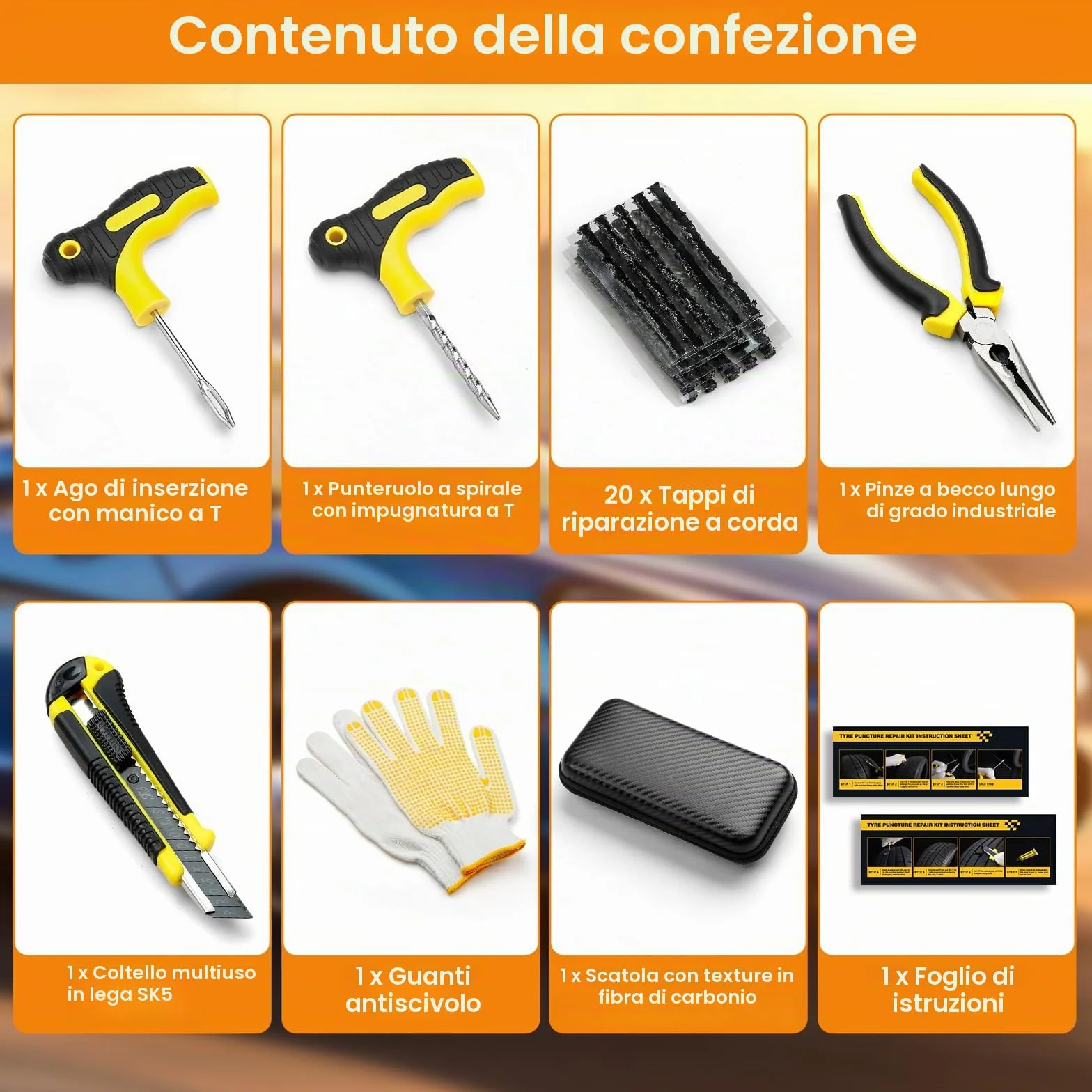 Kit di riparazione pneumatici sgonfi 27 pezzi con sigillante per auto camion moto bici