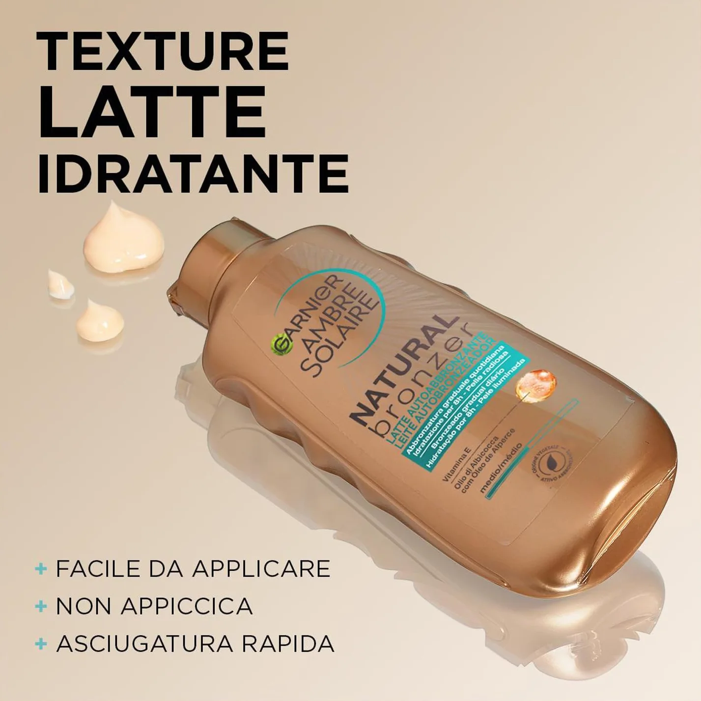 Garnier Latte Autoabbronzante Natural Bronzer Ambre Solaire, per un'Abbronzatura Uniforme e Naturale, a Rapido Assorbimento