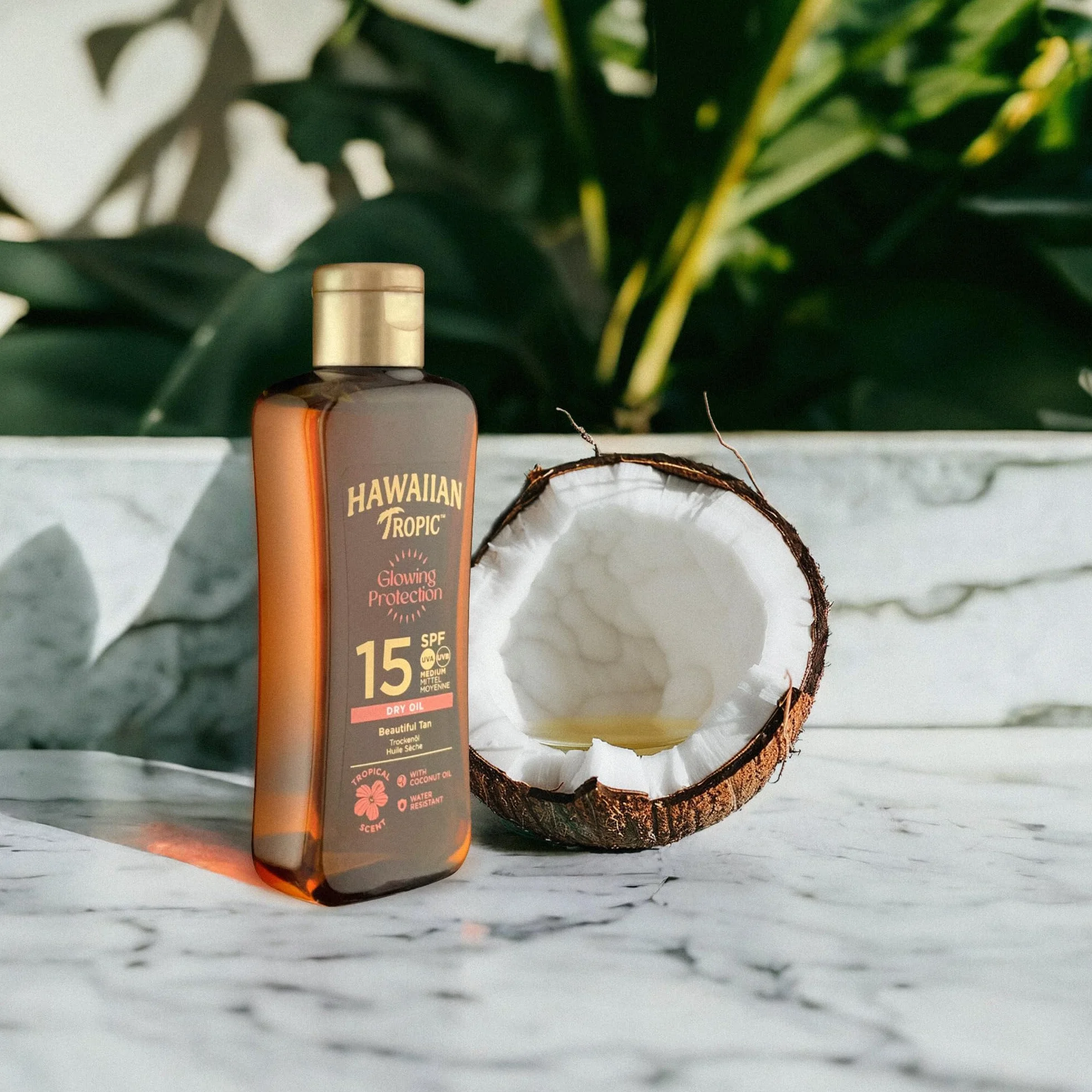 Hawaiian Tropic | Glowing Protection Olio Secco SPF 15, Formato da Viaggio, Profumazione Tropicale, con Burro di Karité, Resistente all'Acqua, Vegano