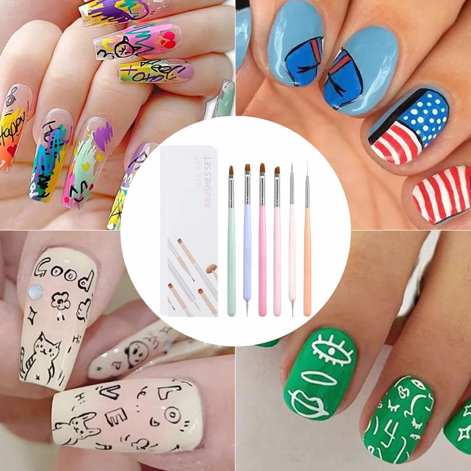 Set Di Pennelli Per Nail Arts, 6 Pezzi Pennelli Unghie Gel Per Design Su Unghie, Strumenti Penne Nail Arts, Set Di Strumenti Manicure A Doppia Testa, Pennellis French Liner Unghies, Per Disegno