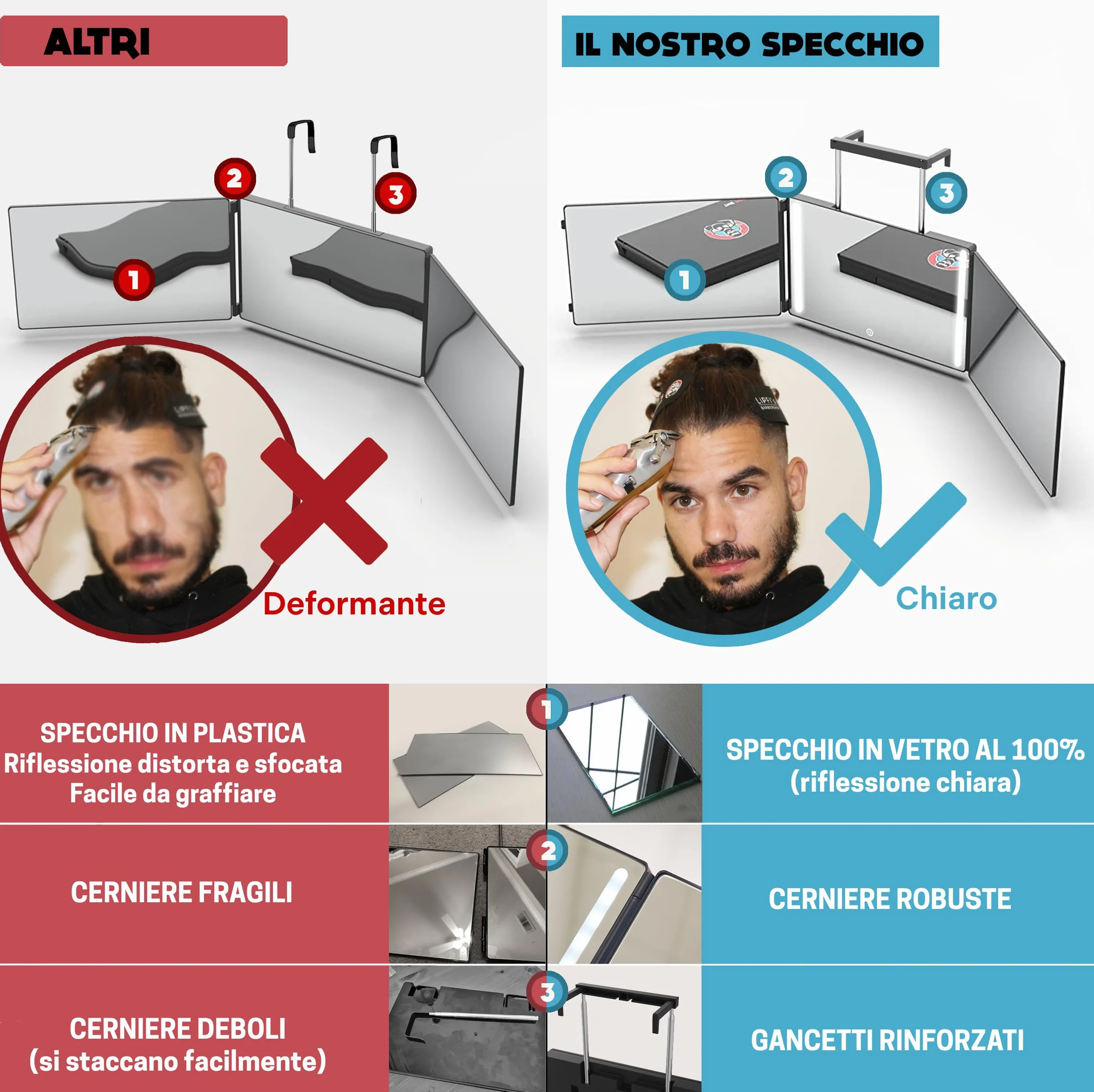 Specchio da taglio a 360 gradi 3 lati pieghevole per barbiere con LED e altezza regolabile