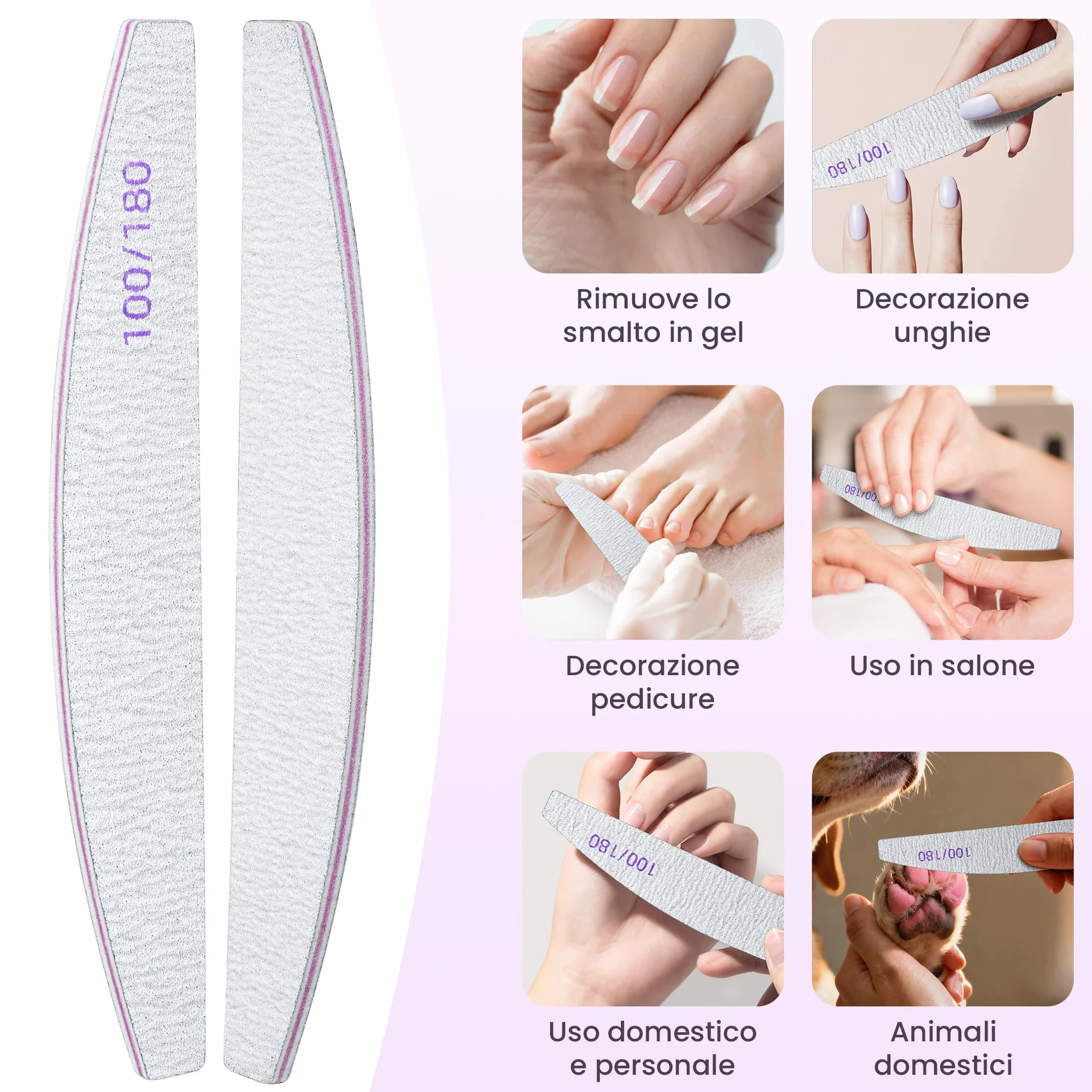 Lima per Unghie 100 180 Grana Doppia Faccia, Kit Riutilizzabile per Manicure in Gel, Set Professionale 20 Pezzi