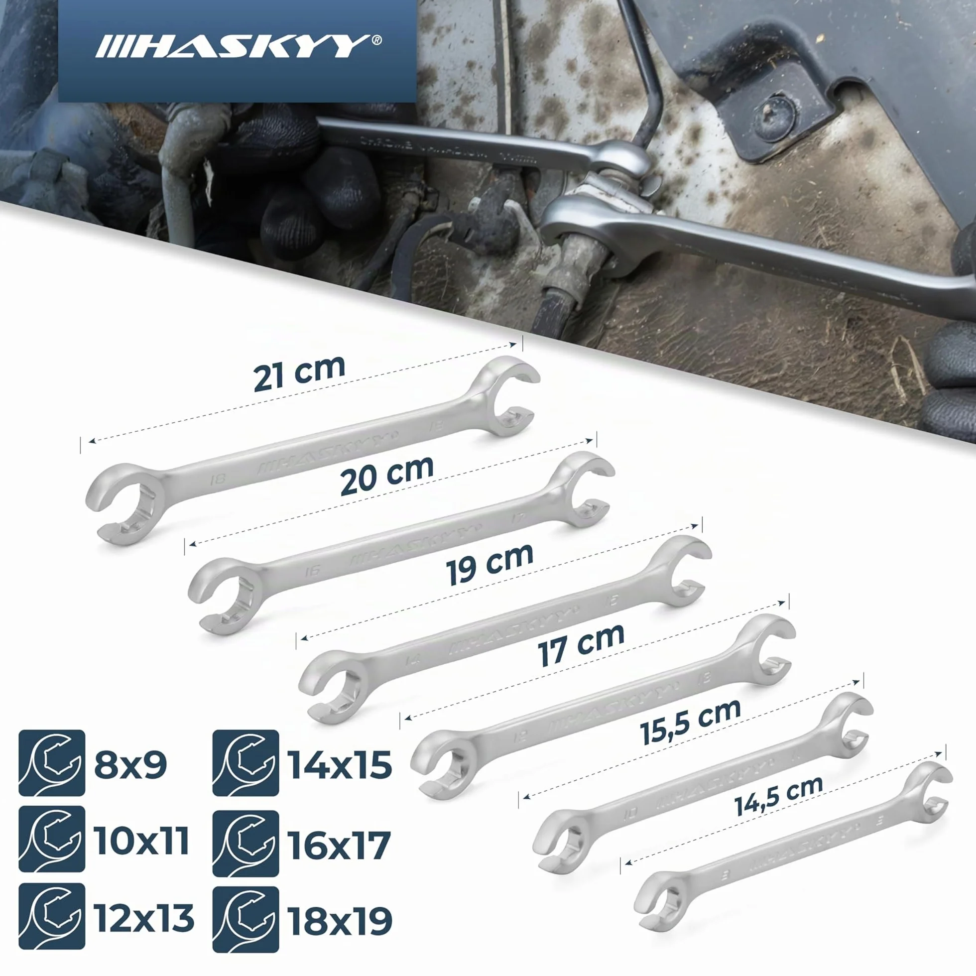 HASKYY 6 chiavi per tubazioni del freno 8-19mm set chiave ad anello aperta