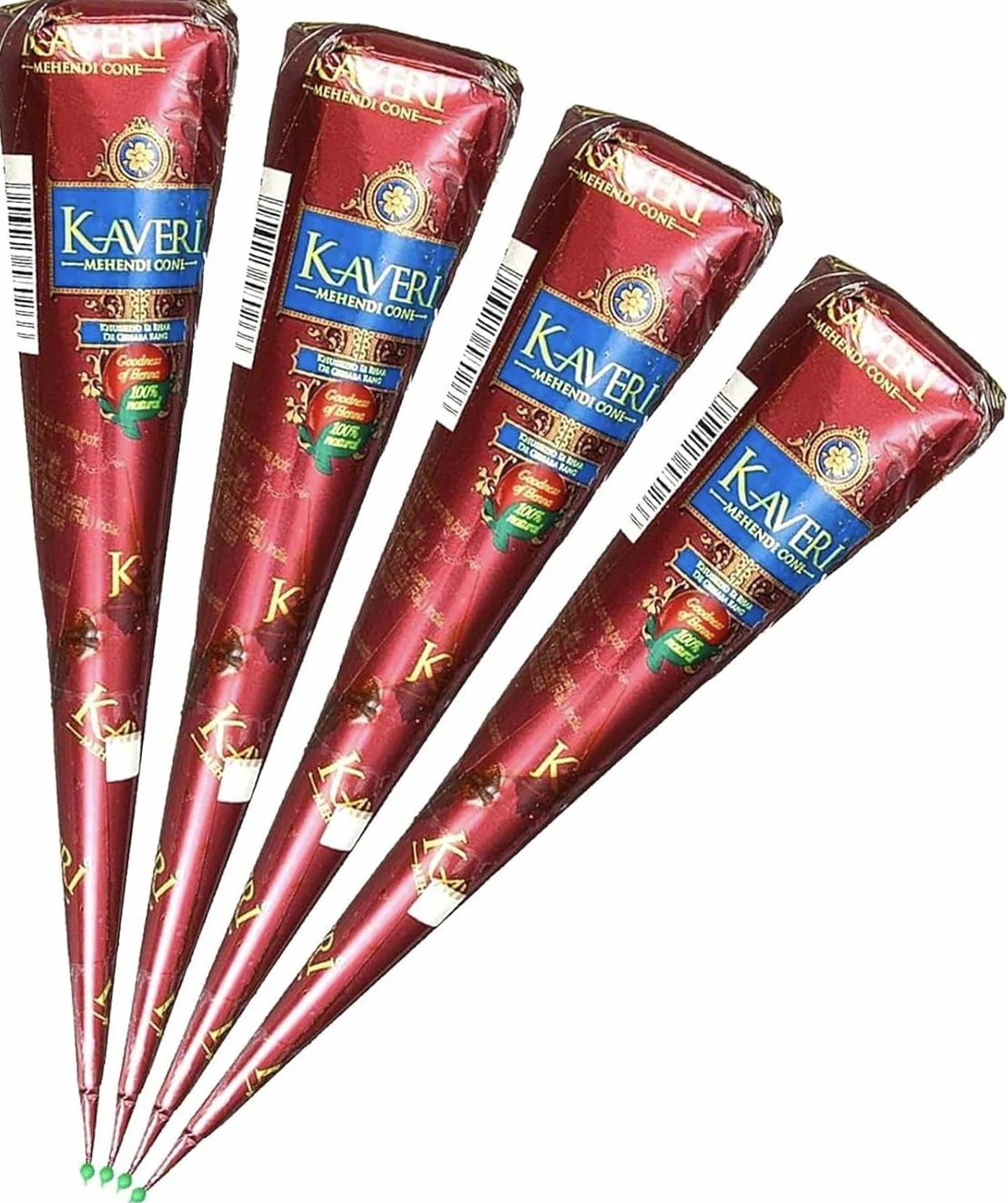 Henné Kaveri 100% Natural Mehendi Cone 4 x 25 g, Senza Sostanze Chimiche, Senza PPD