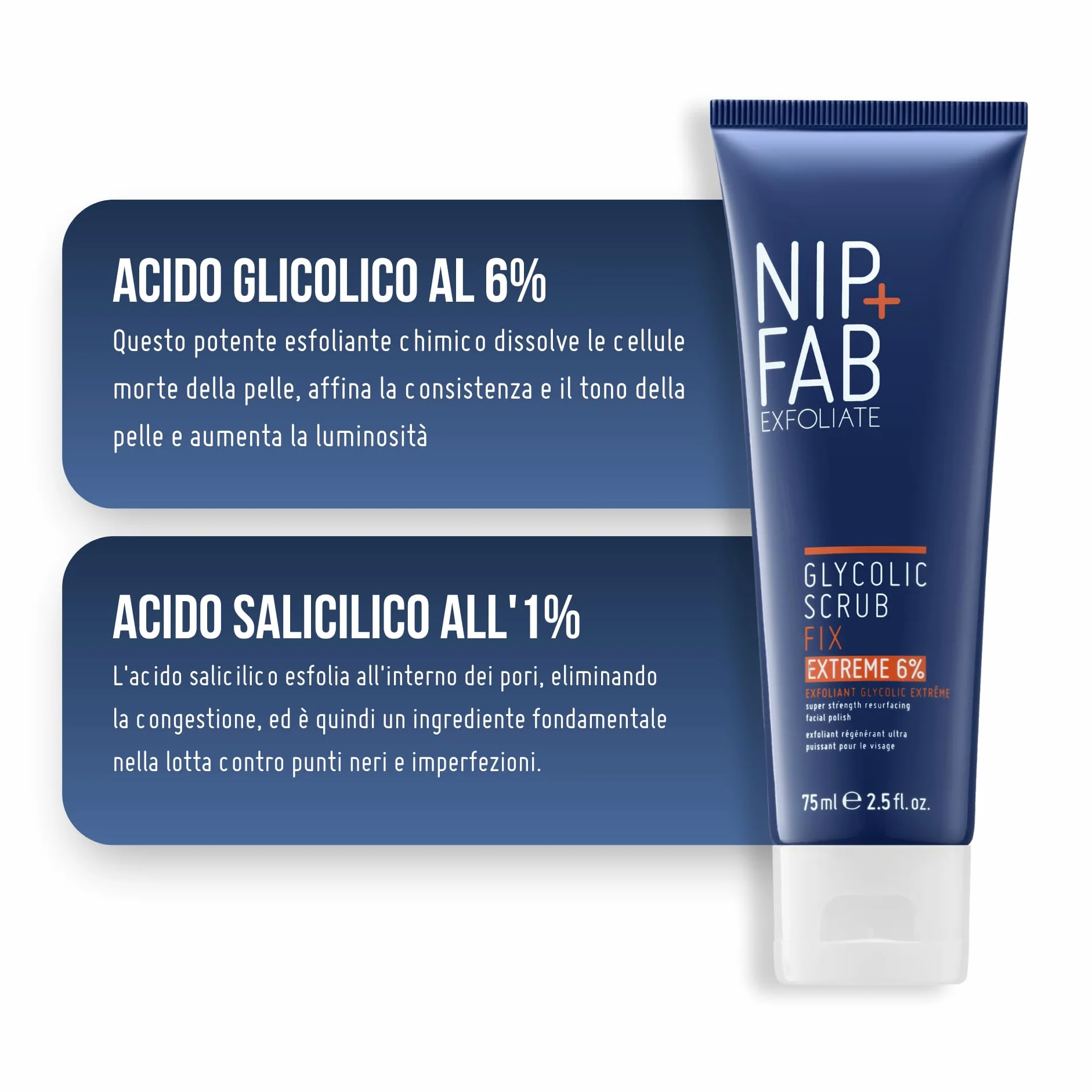 Nip + Fab Glycolic Fix Scrub Estremo – Peeling Viso con 6% Acido Glicolico – Peeling 3-in-1 AHA/BHA per Minimizzare i Pori e Levigare la Pelle, 75 ml