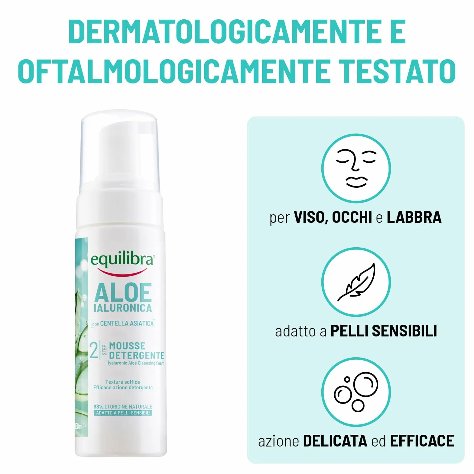 Equilibra Aloe Ialuronica Mousse Detergente Viso 150ml con Succo di Aloe e Acido Ialuronico per Pelli Sensibili