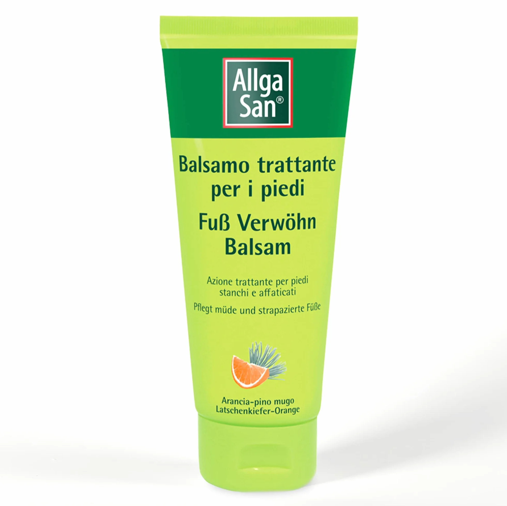 Allga San Balsamo Trattante per Piedi - Crema Piedi Secchi Screpolati 100 ml, Trattamento Cosmetico, Idratante e Nutriente per Sollievo a Piedi Stanchi e Appesantiti, con Pino Mugo e Arancia