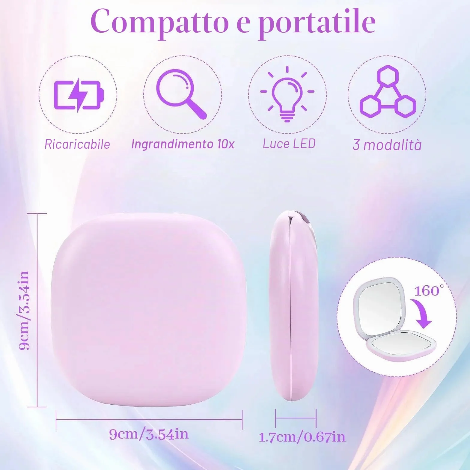 Collazoey LED Specchio Ingranditore, 1X/10X Specchietto da Borsetta, Chargement par USB, 3 Luci Regolabile Portatile Specchio da Viaggio, Interruttore Magnetico Pieghevole Piccolo Mirror (Viola)