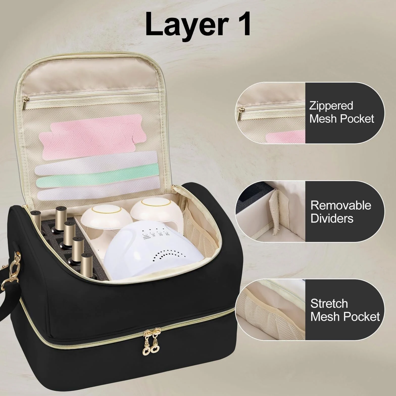 Organizzatore Smalti Borsa Portaoggetti A Doppio Strato for Unghie, Contiene 45 Flaconi Porta Smalti per Unghie(Black)