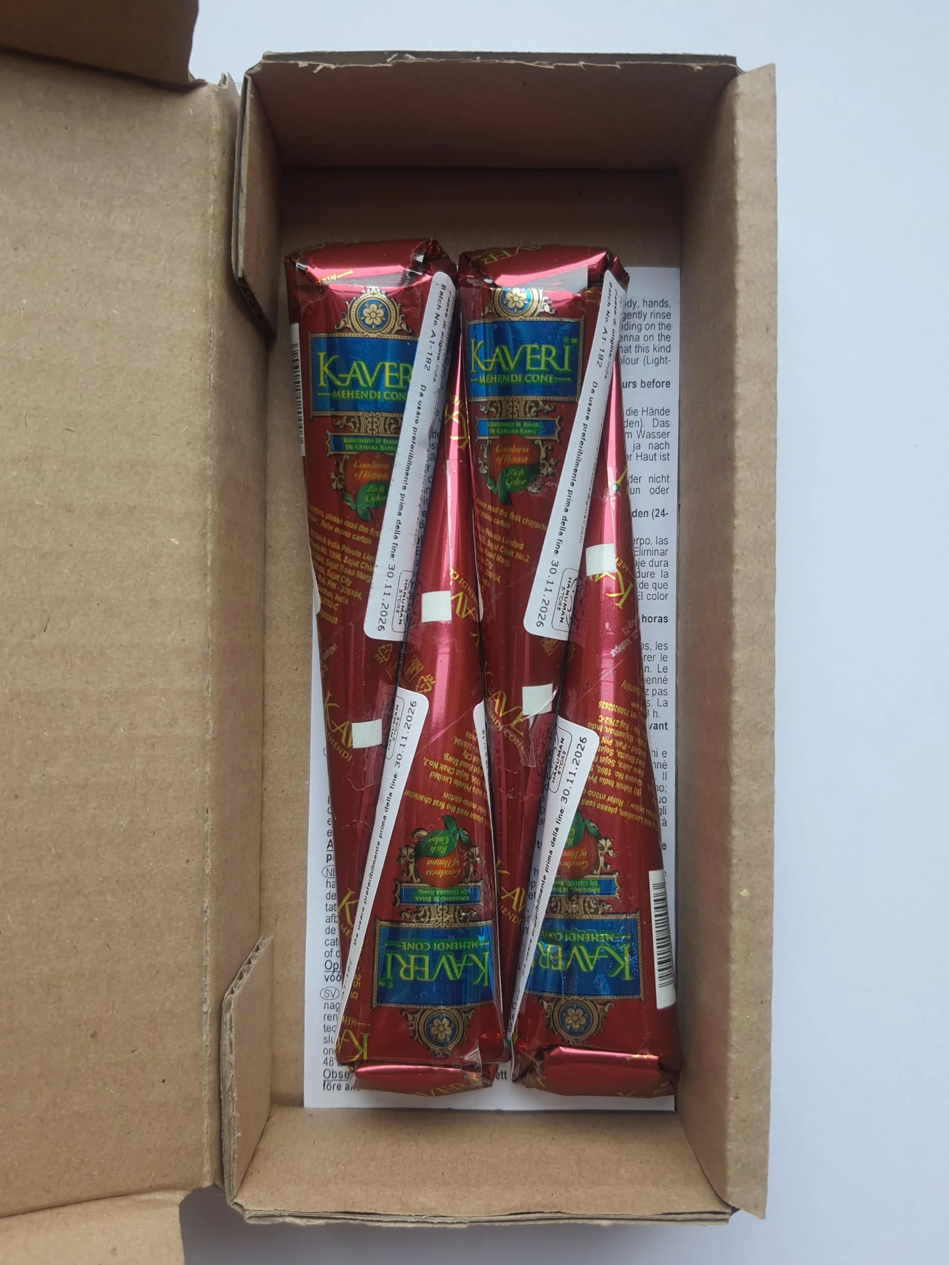 Henné Kaveri 100% Natural Mehendi Cone 4 x 25 g, Senza Sostanze Chimiche, Senza PPD