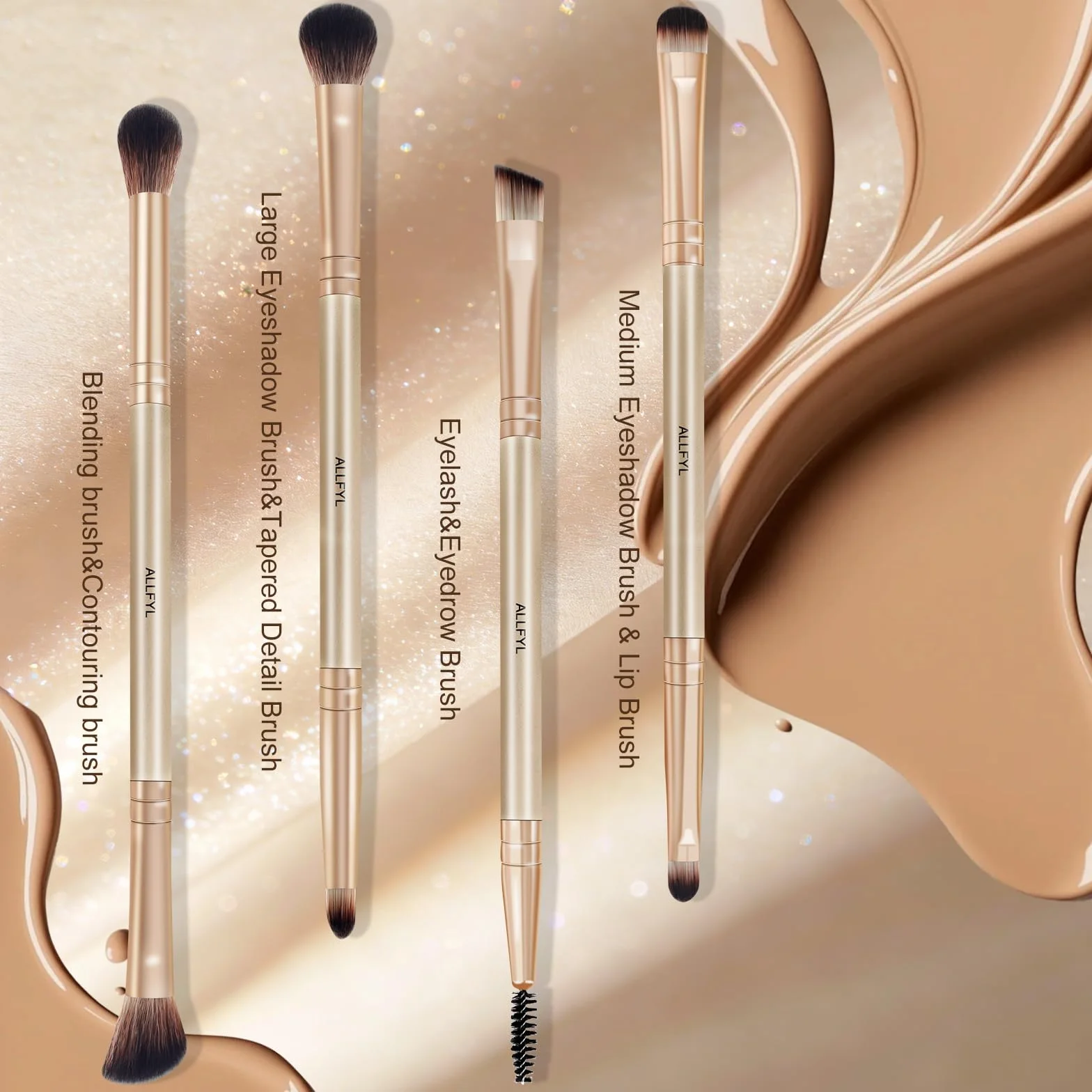 Set 6 Pennelli Doppi Trucco Professionali, Champagne, Pennello Fondotinta incluso, Pennelli Make Up per Viso Contour Occhi Labbra, Confezione Regalo da Viaggio per Donne