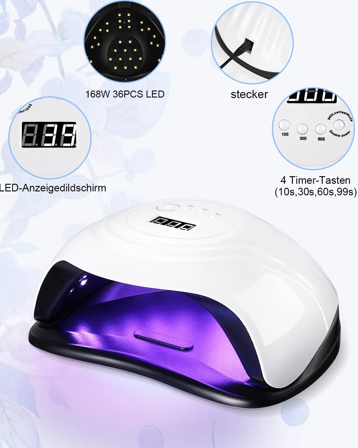 168 W Lampada UV Asciuga Unghie Lampade per Unghie Professionali, Asciugatura Rapida 4 Timer di 10s/30s/60s/99s,36 LED, Grande LCD Display Base Smontabile (Classic-White)