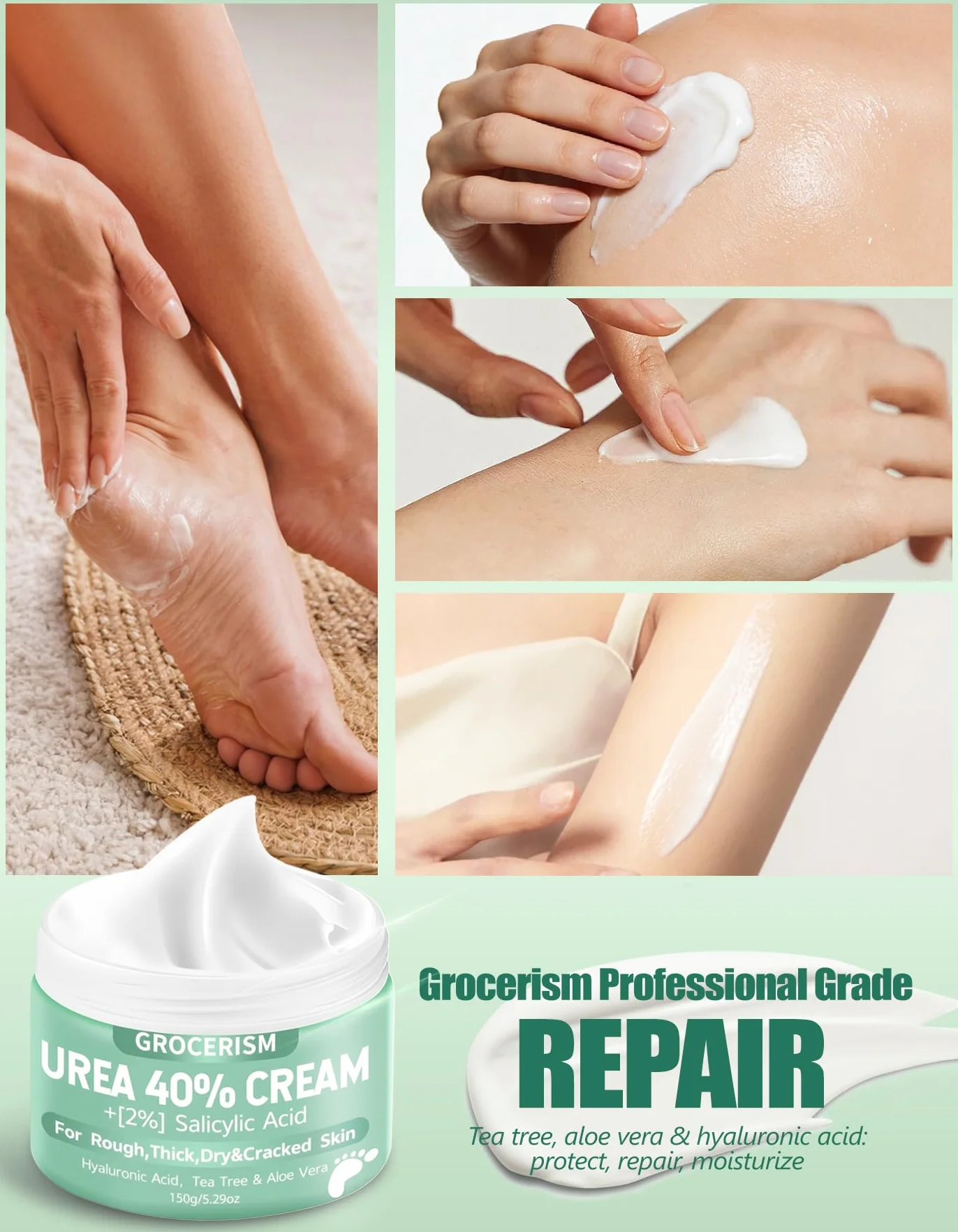 Crema Piedi Urea 40% 150g con Acido Ialuronico, Tea Tree, Aloe Vera - Idratazione Profonda
