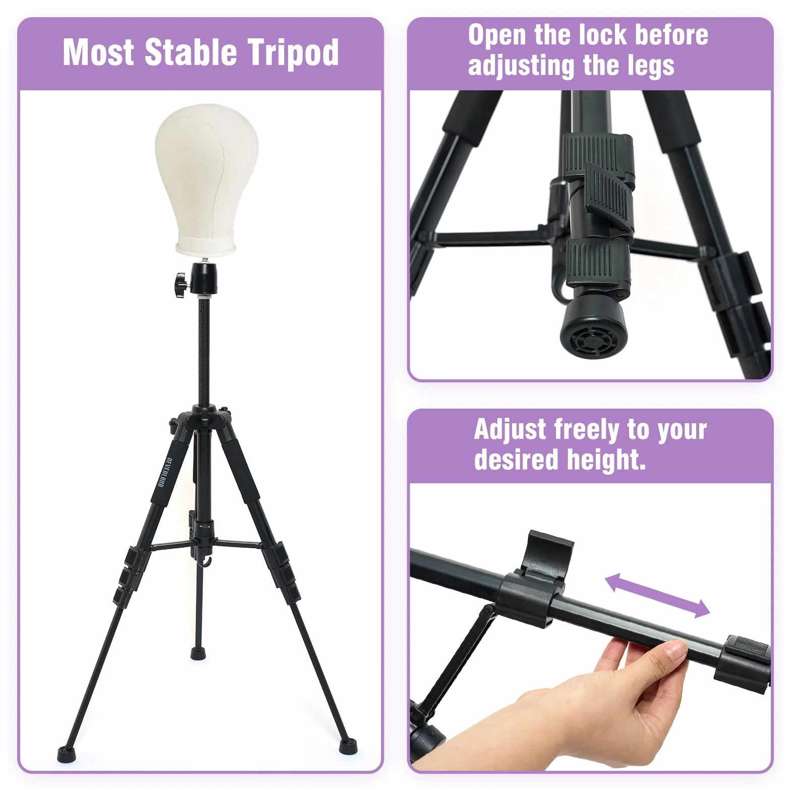Supporto per parrucca da 52" (132cm), con base antiscivolo, supporto per parrucca regolabile ad alta resistenza, con ganci, per manicomio, con set di pin, per parrucca, pettine per capelli