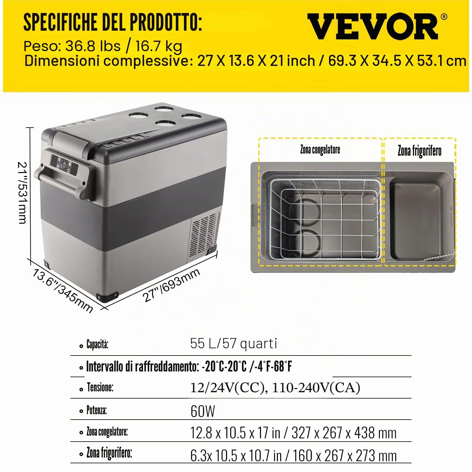 VEVOR Frigorifero Portatile 55L con Schermo LCD, Congelatore da Campeggio Controllo APP