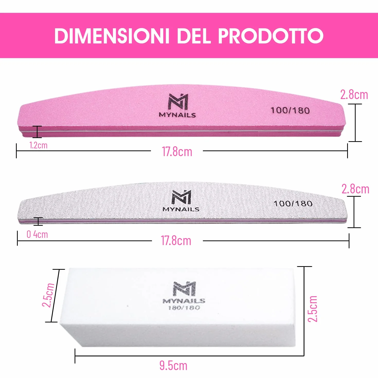 MYNAILS - Lima professionale per unghie, set di 5, 2 lime per unghie mezza luna 100/180, 2 buffer unghie bianche 180/180 e 1 lime per unghie Buffer mezzaluna rosa e bianco 100/180, confezione