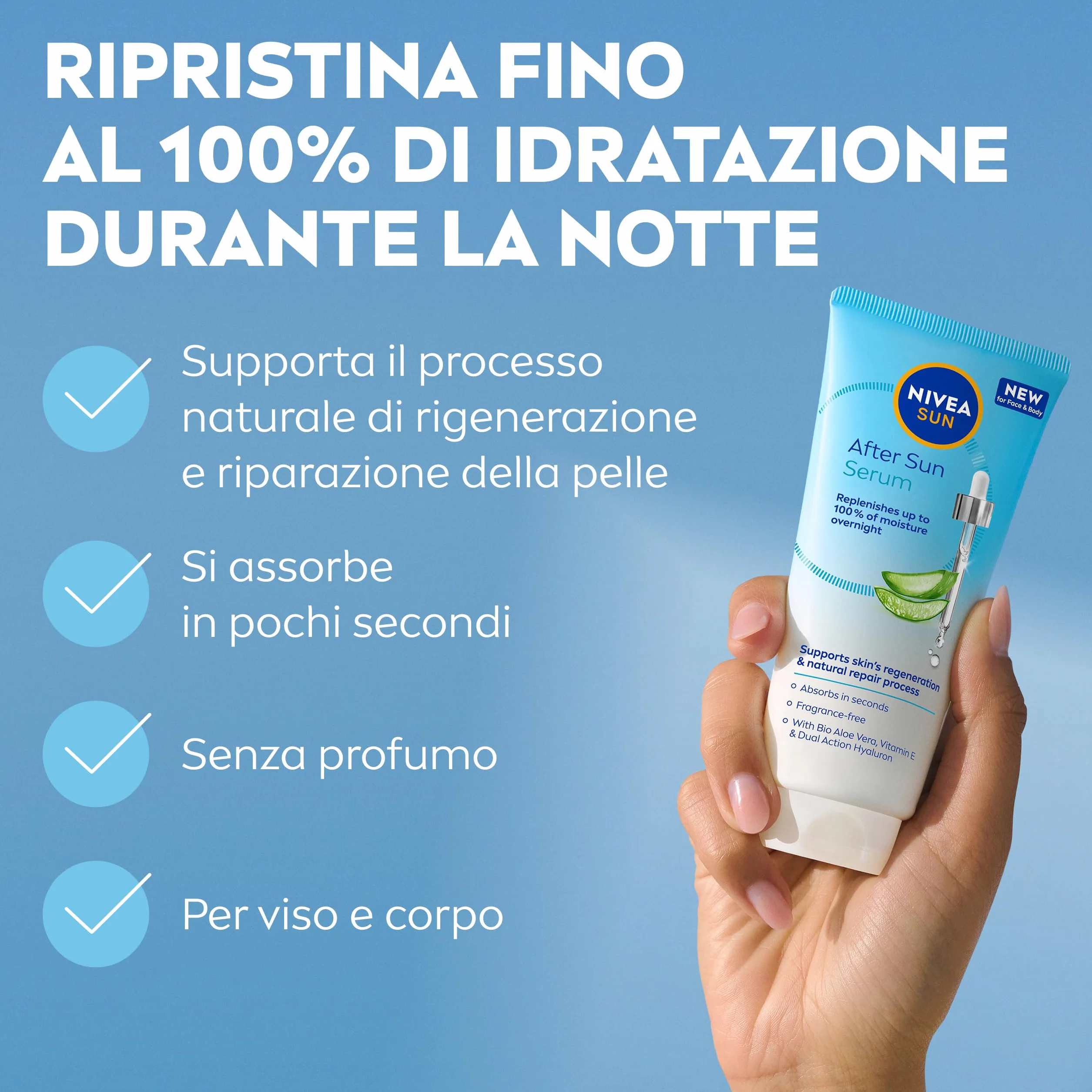 NIVEA SUN Siero Doposole 100 ml, Aftersun con Aloe Vera Bio, Vitamina E e Acido Ialuronico