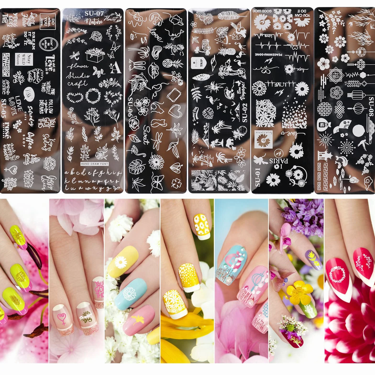 MWOOT 6pcs Set di Nail Art Stamping, Nail Template Piastra per Unghie,Mescolare Unghie Piastre Manicure Nail Piastra, UnghieTimbro Scraper Piatti Templates
