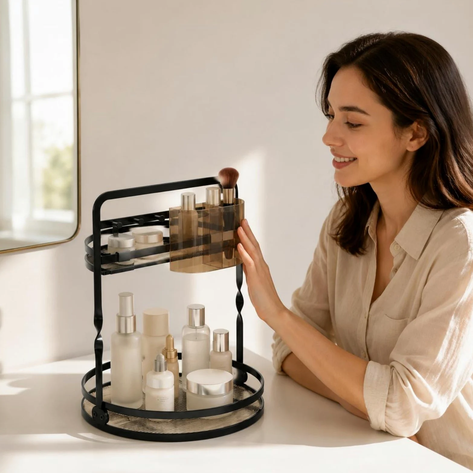 Vanity Organizer Organizzatore Trucco Portatrucchi Portapennelli Portaprofumi Rotante con Base Tonda in Metallo Due Livelli Ordine Rapido con, Nero, Style to 4