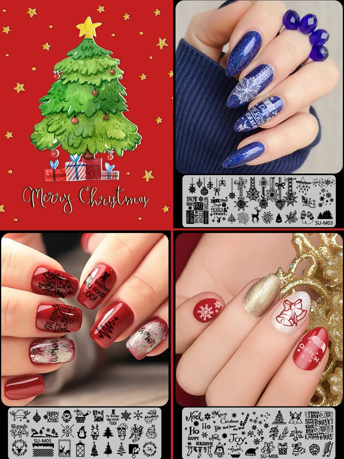 EBANKU 6 pezzi Set di Nail Art Stamping Stampini, Piatti per Timbri per Unghie Renna Fiocco di Neve Albero di Natale Disegni Manicure con 1 Timbro + 1 Raschietto + 1Borsa Portaoggetti