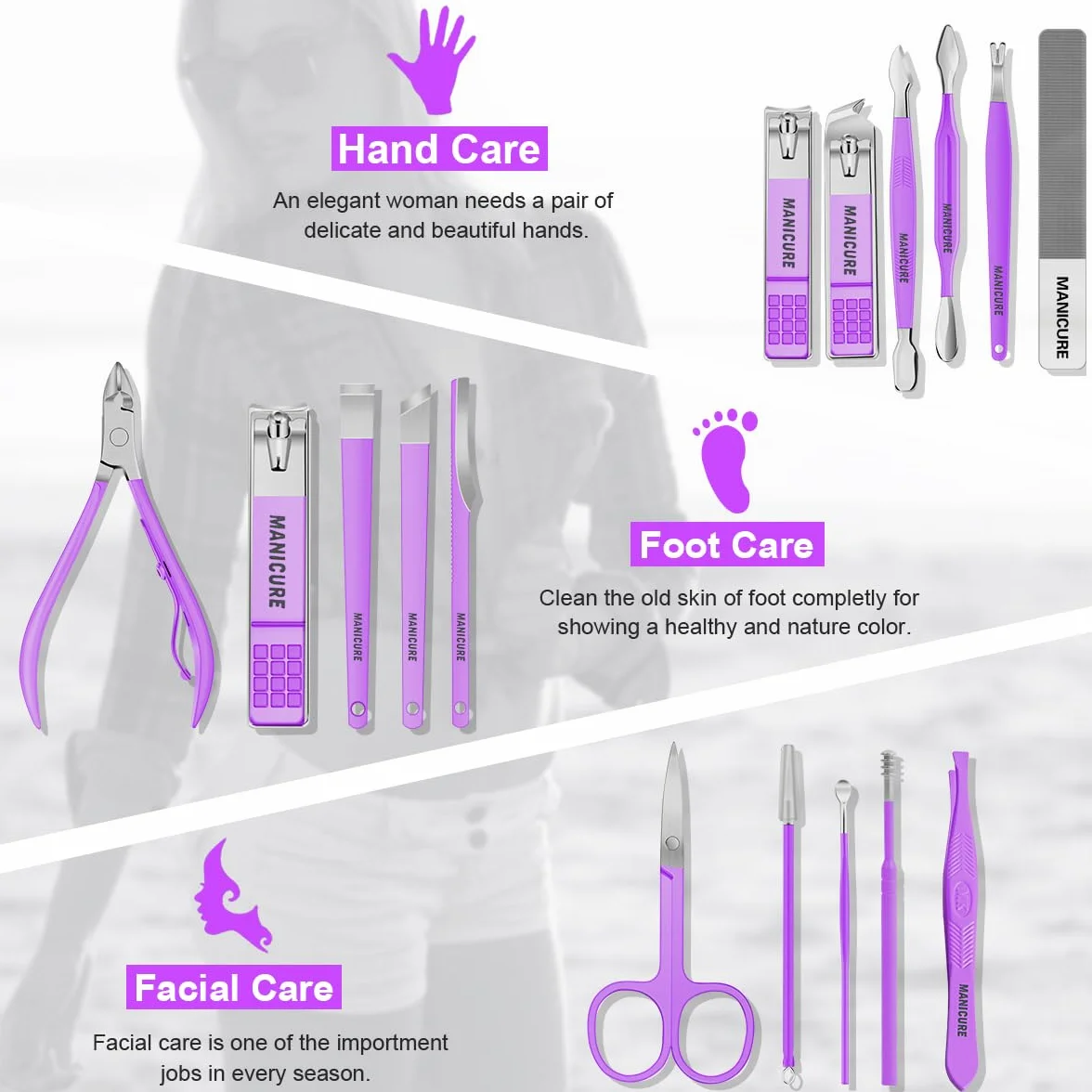 Professionale Tagliaunghie Set 16pcs Grooming Kit Manicure Pedicure Custodia Viaggio Pelle Viola