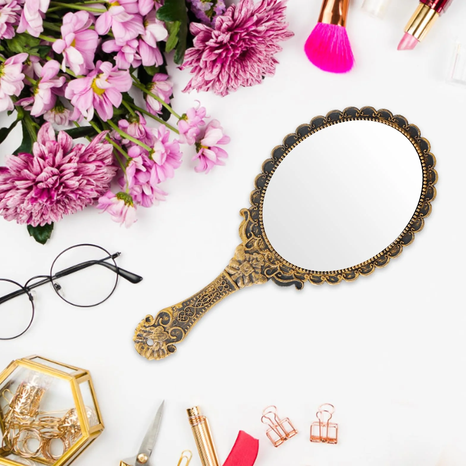 Amexo Specchio Portatile Vintage a Mano, Mini Specchio Ellittico Compatto per Capelli e Trucco, Ragazze e Donne (Bronzo)